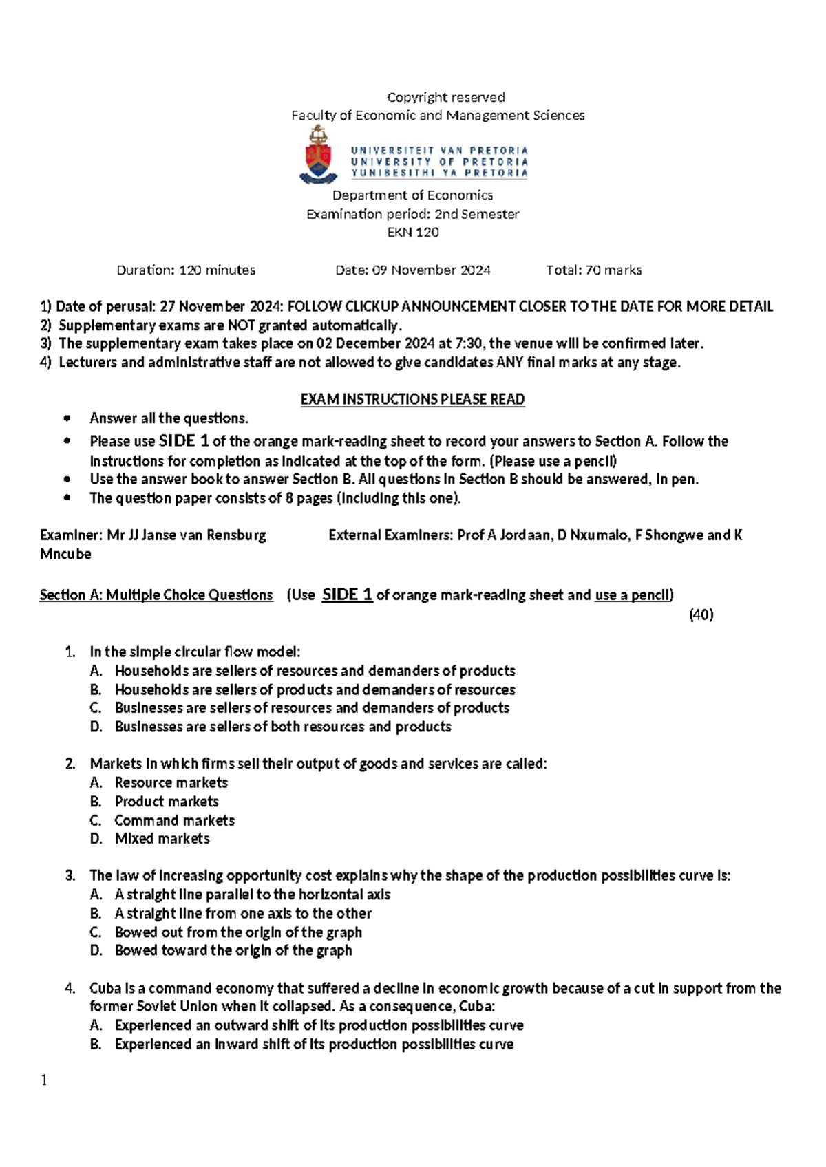 Exam EKN 120 2024: Economics Final Exam Instructions and Questions ...