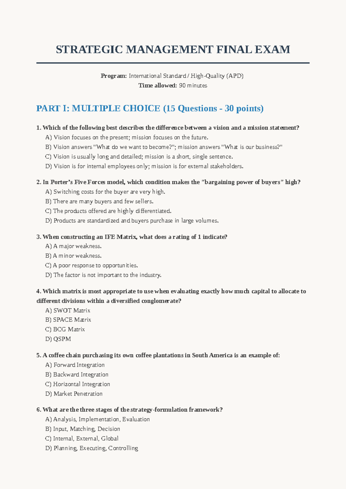 Strategic Management Final Exam APD: Key Concepts & Questions - Studocu