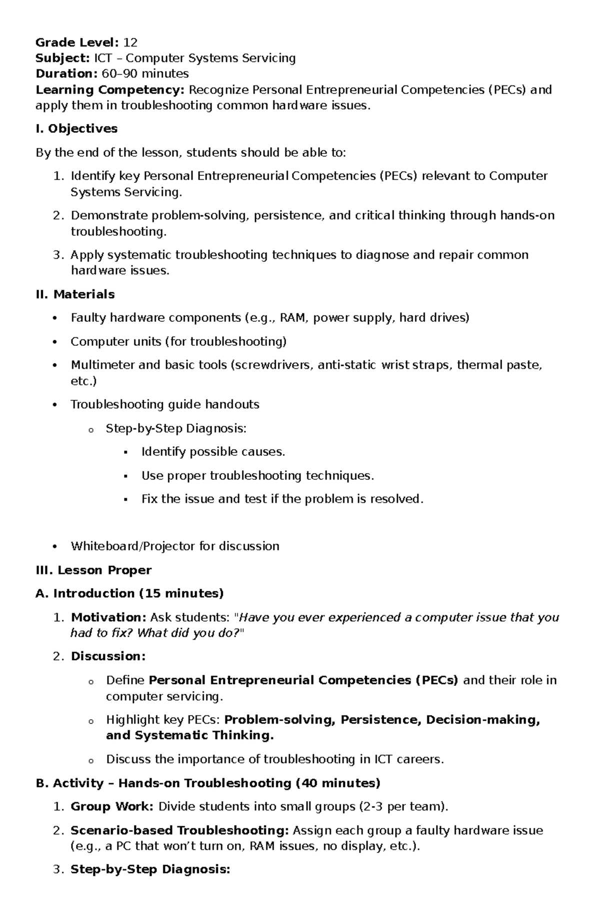 Lesson Plan CSS 2: Troubleshooting Hardware Issues in Computer Systems ...