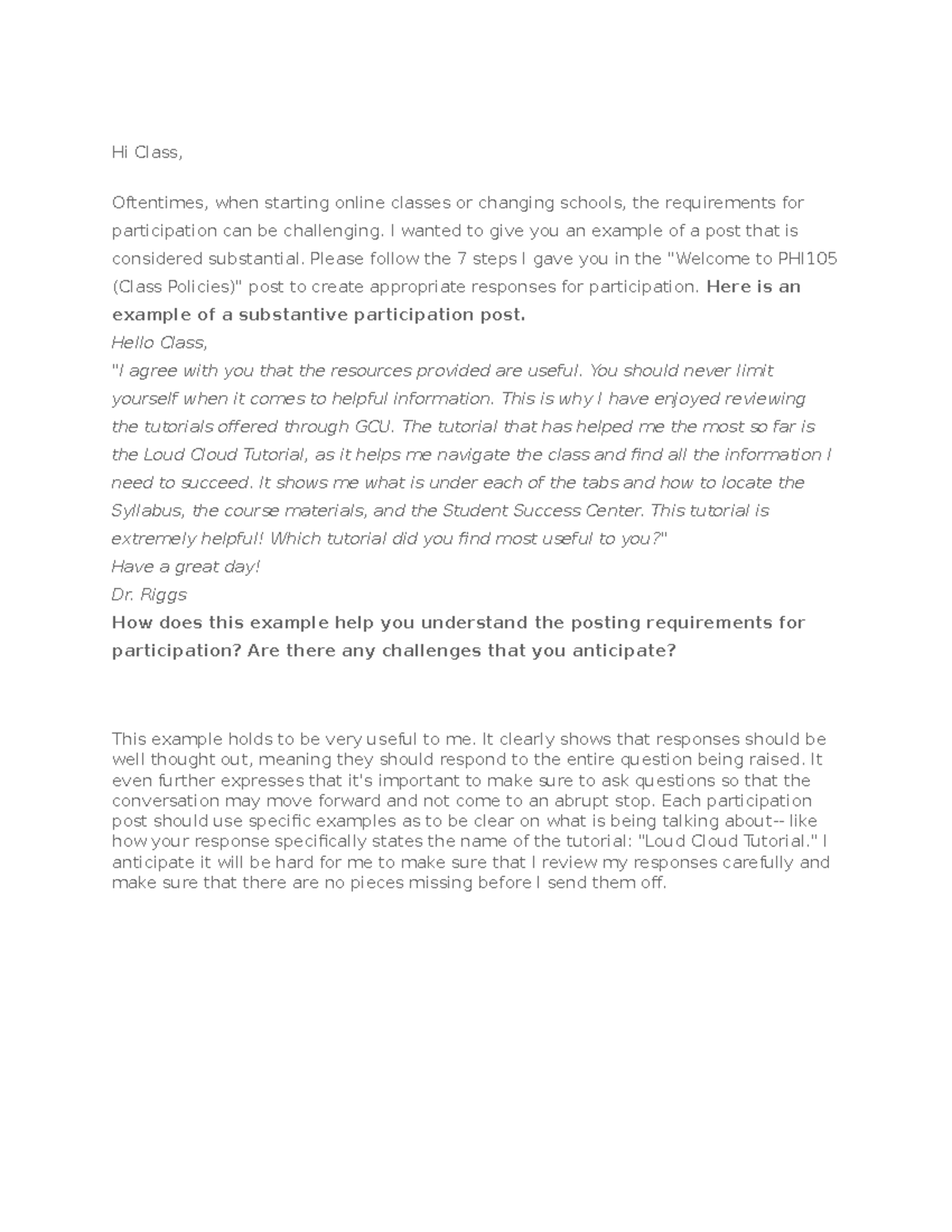 Substantive Post Example for PHI Class Participation Guidelines - Studocu