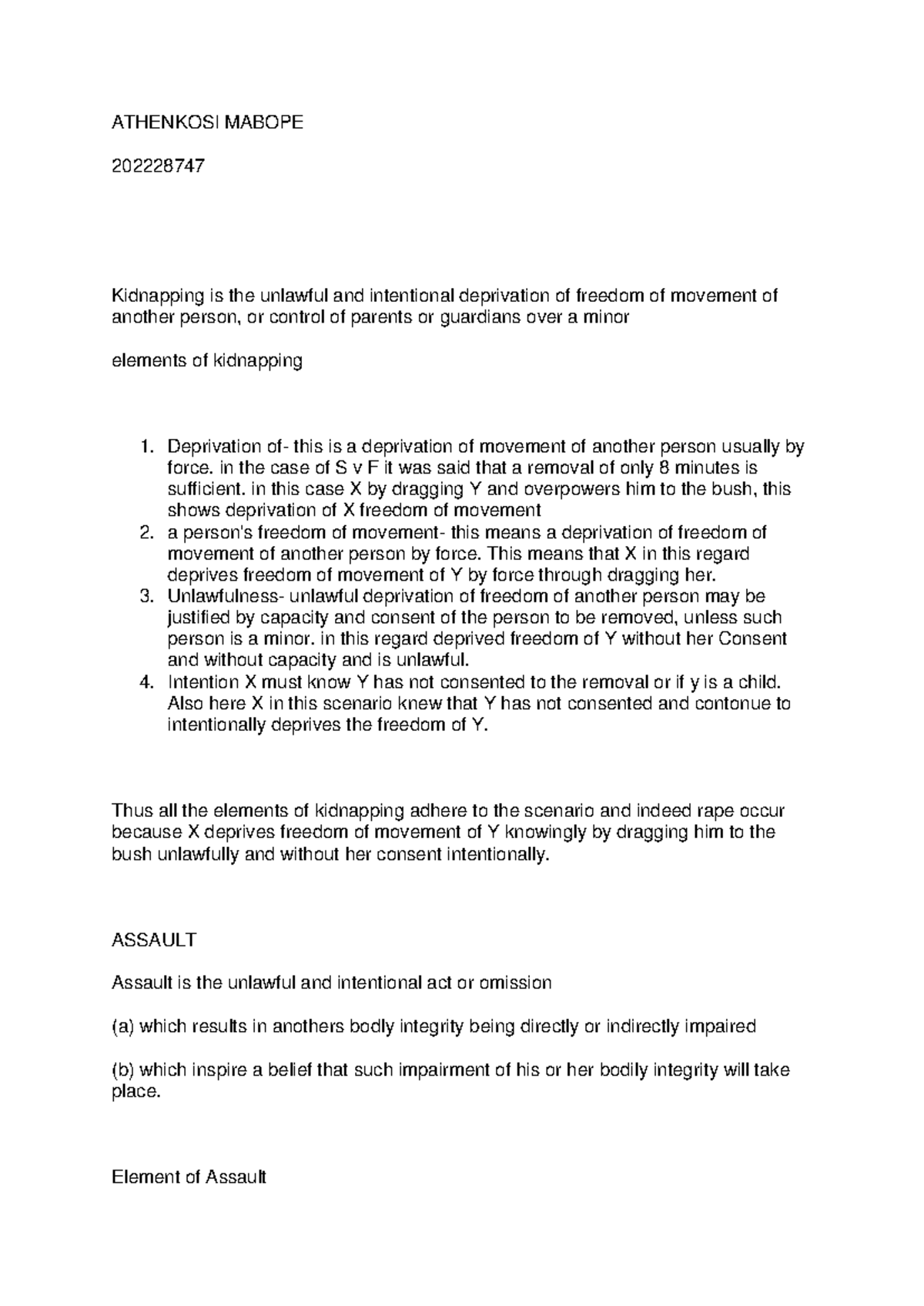 Criminal Law Study Notes: Kidnapping, Assault, Rape & Arson (UFH) - Studocu