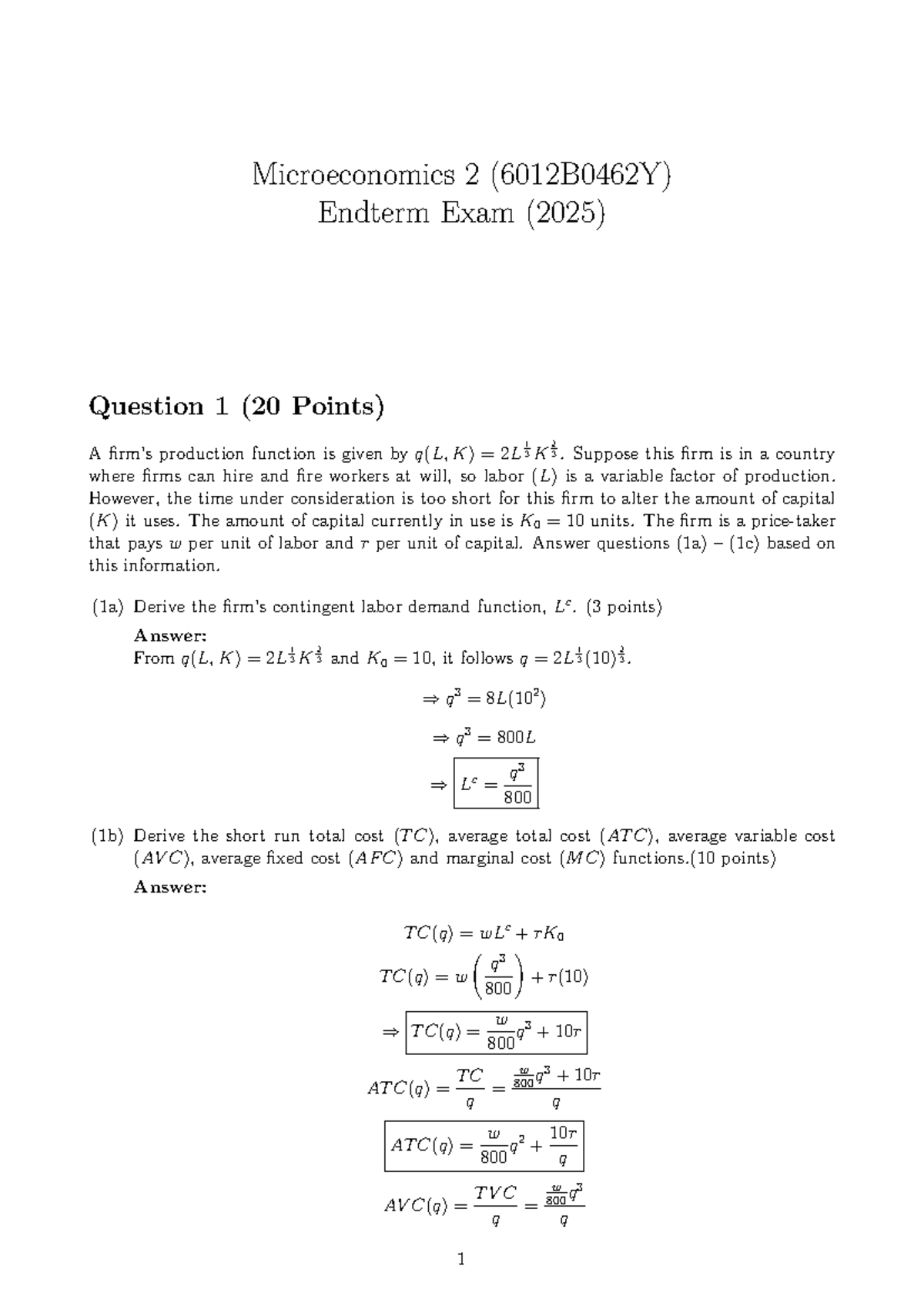 Microeconomics 2 (6012B0462Y) Final Exam Solutions (2025) - Studeersnel