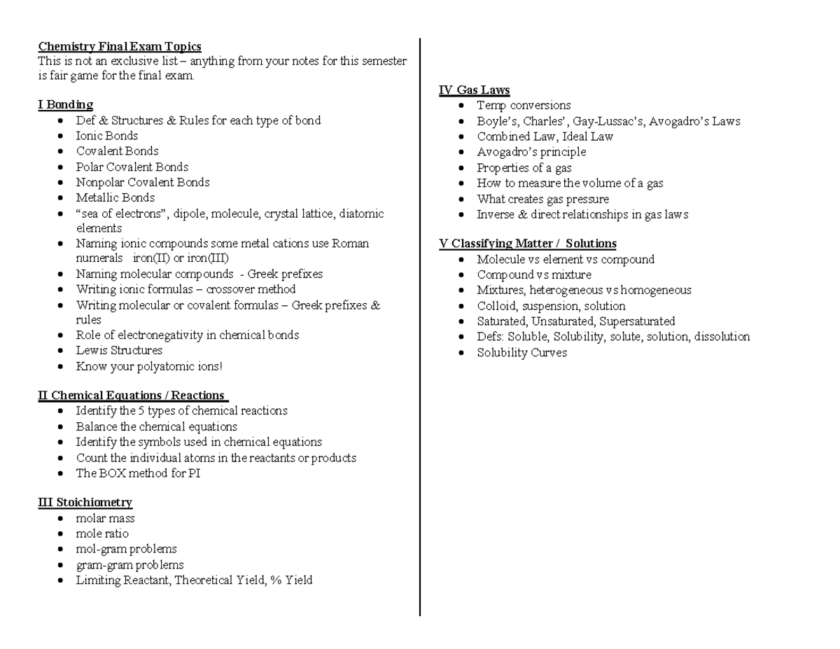 CHEM101 Final Exam Topics Overview: Key Concepts and Equations - Studocu