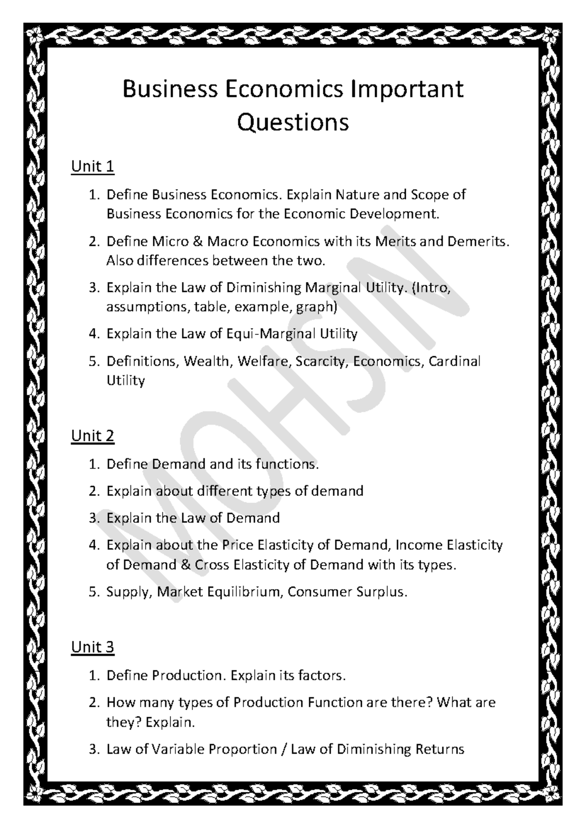 BE Important Questions: Business Economics Unit 1-3 Overview - Studocu