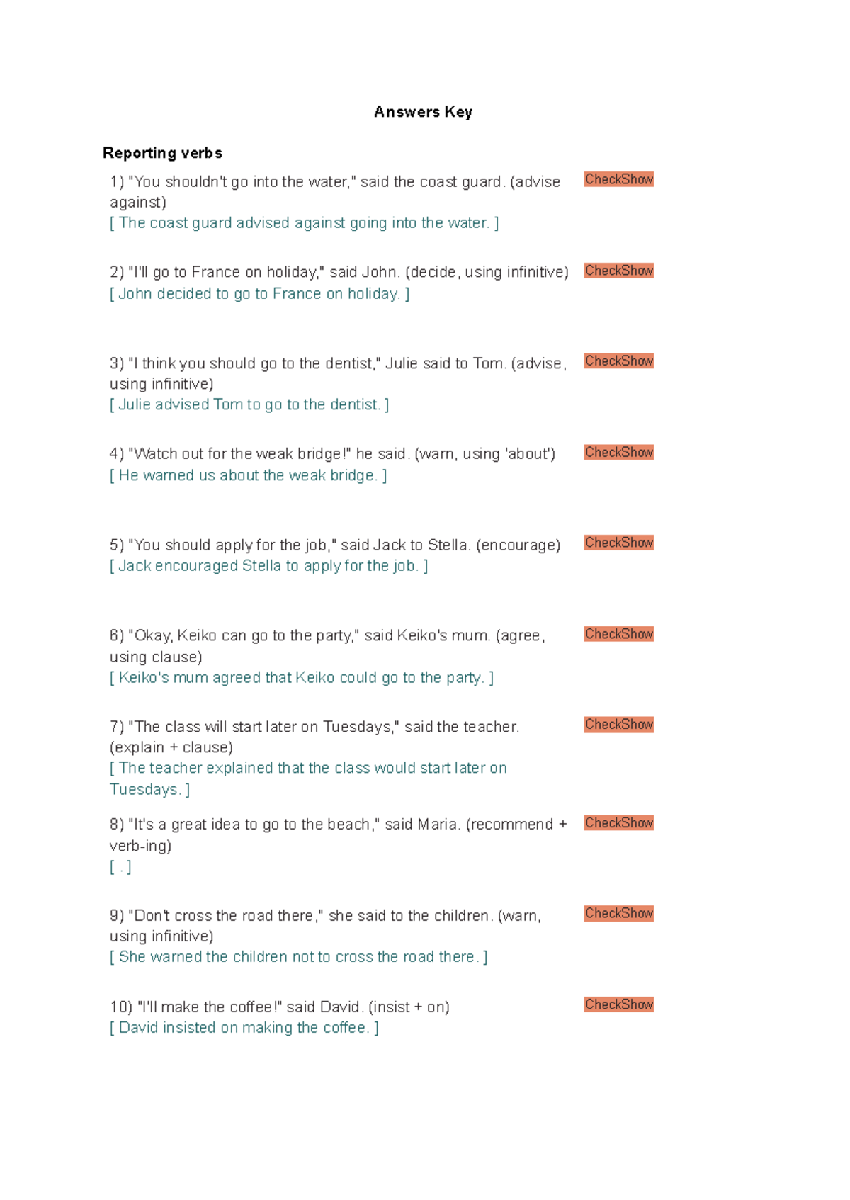 Reported Speech Practice Exercises and Answer Key - Studocu