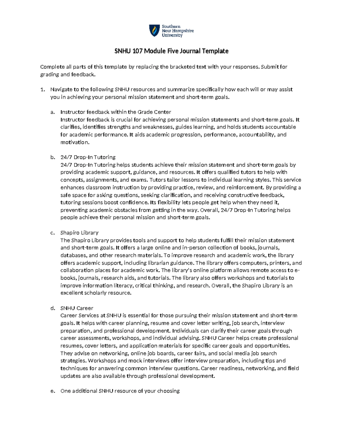 SNHU 107 Module Four Journal Template & Personal Mission Statement ...