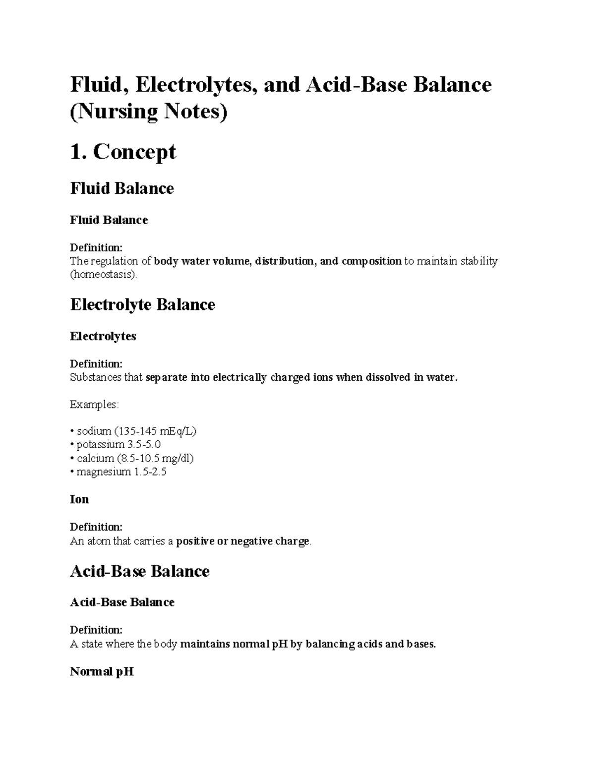 Fluid and Electrolyte Balance (Nursing Notes) - Study Guide - Studocu
