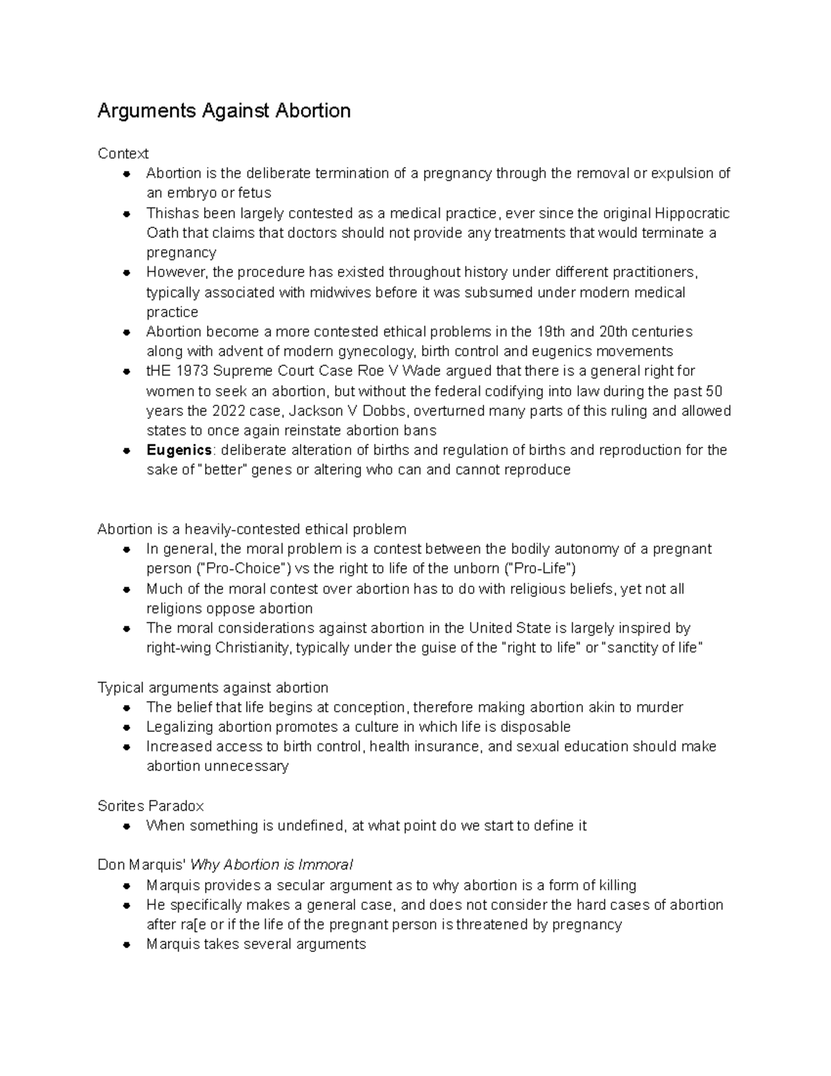 Bio ethics Notes Part 2 - Arguments Against Abortion Context Abortion ...