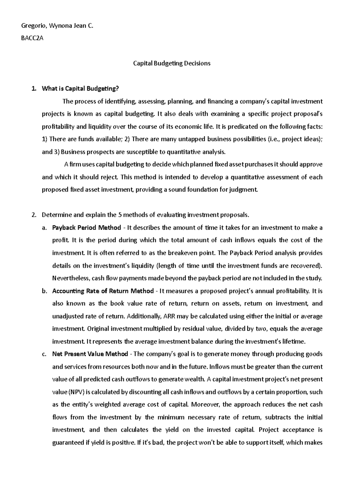 BACC2A Capital Budgeting Decisions: Key Evaluation Methods - Studocu