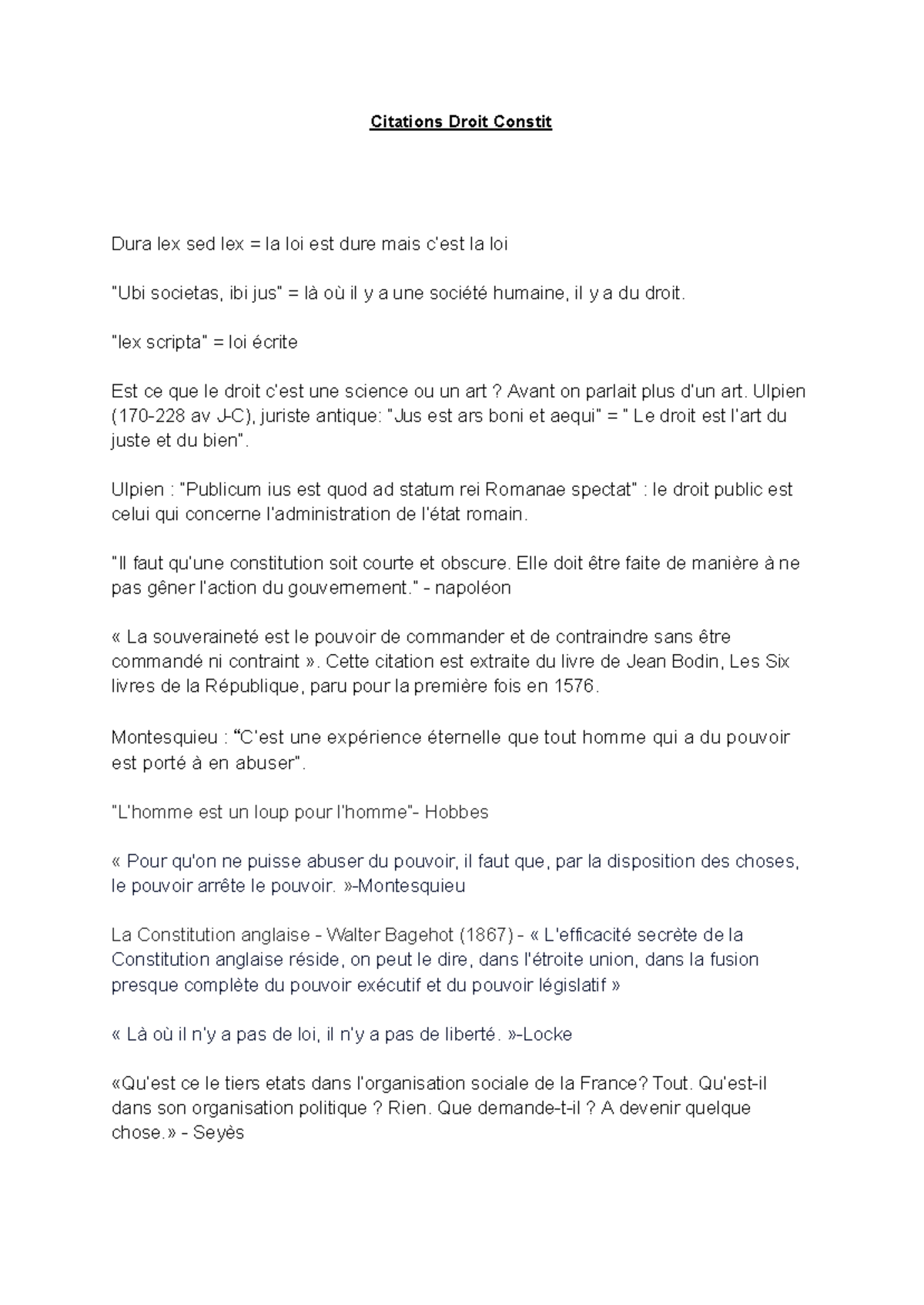 Citations Clés en Droit Constitutionnel - Droit Constit 101 - Studocu