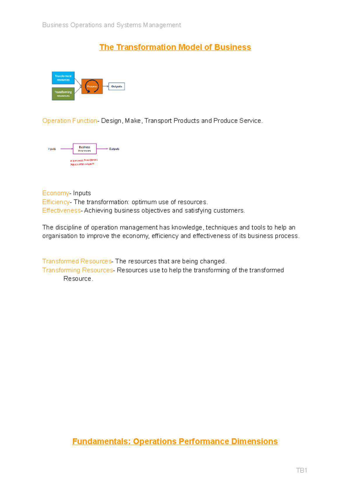 Business Operations Year 1 TB1: Understanding the Transformation Model ...