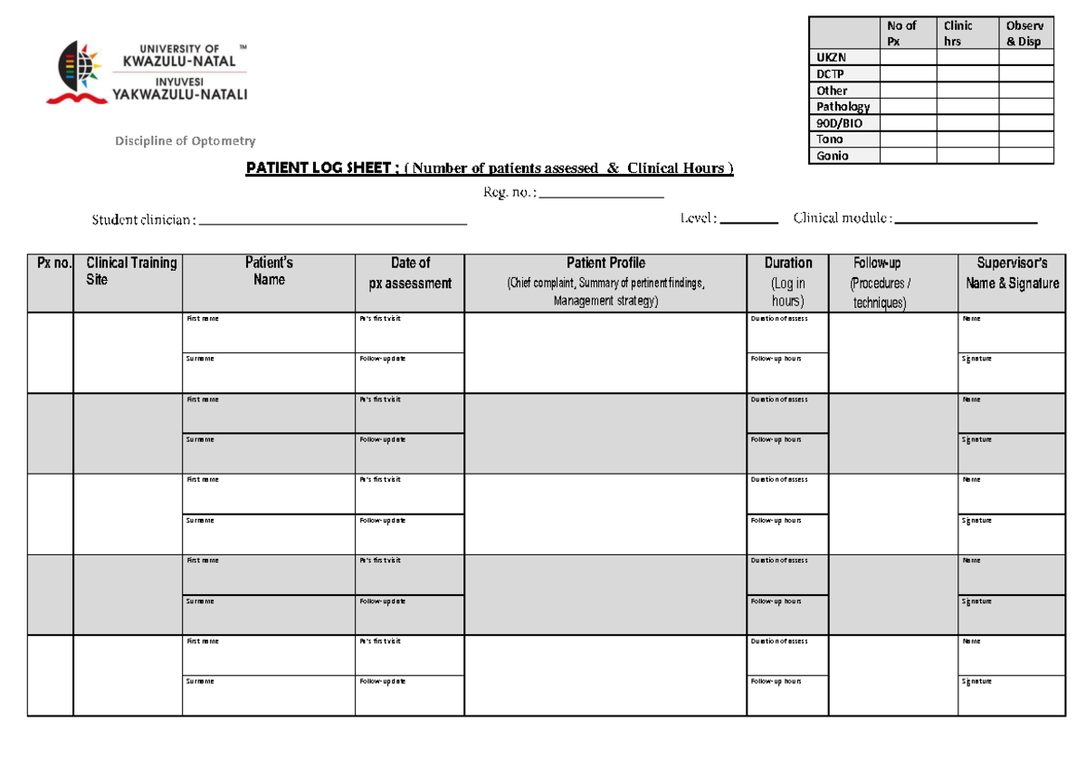 Patient Log Sheet: Clinical Hours & Assessments (Optometry) - Studocu