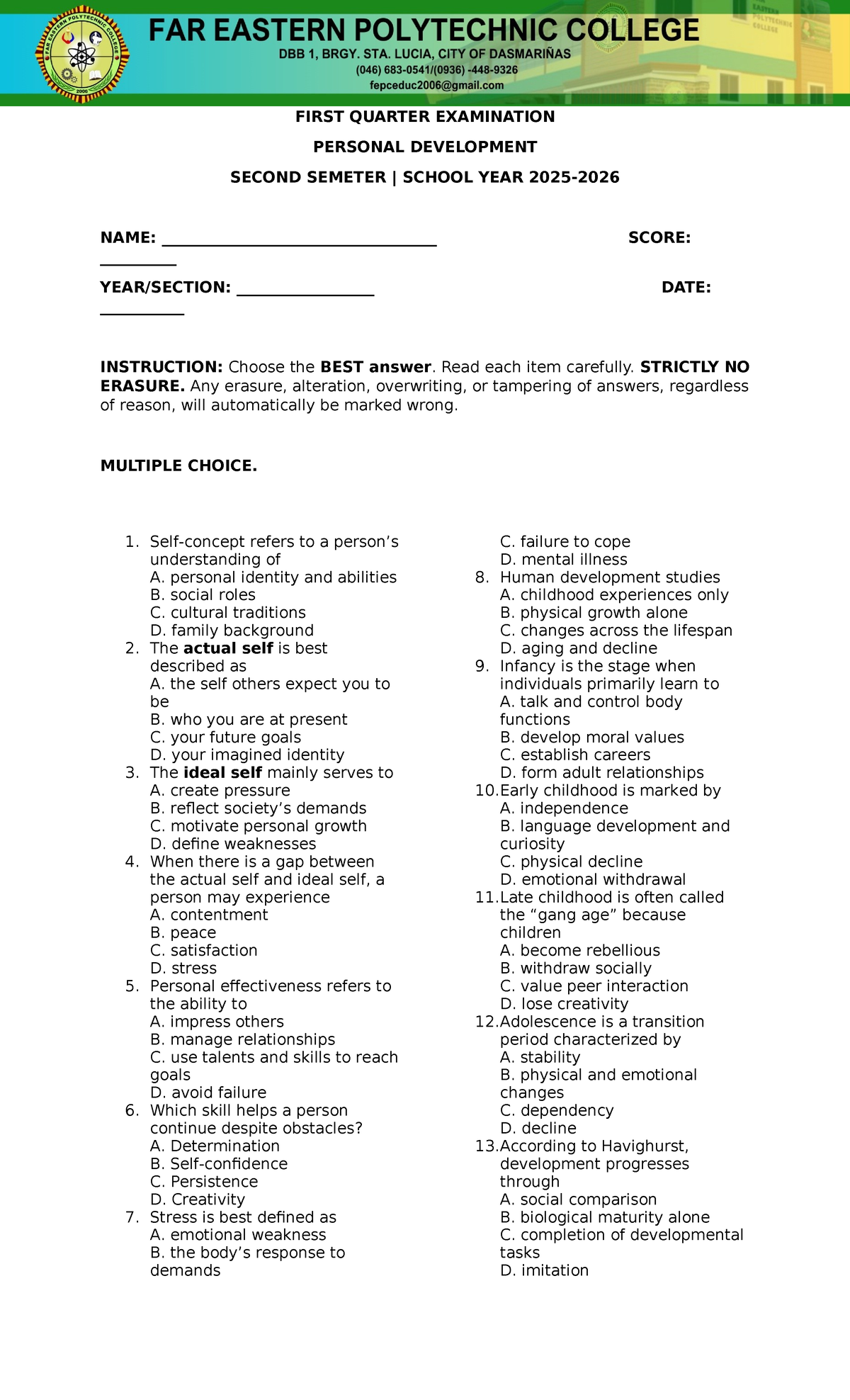 PERDEV 101: First Quarter Exam on Personal Development - Studocu