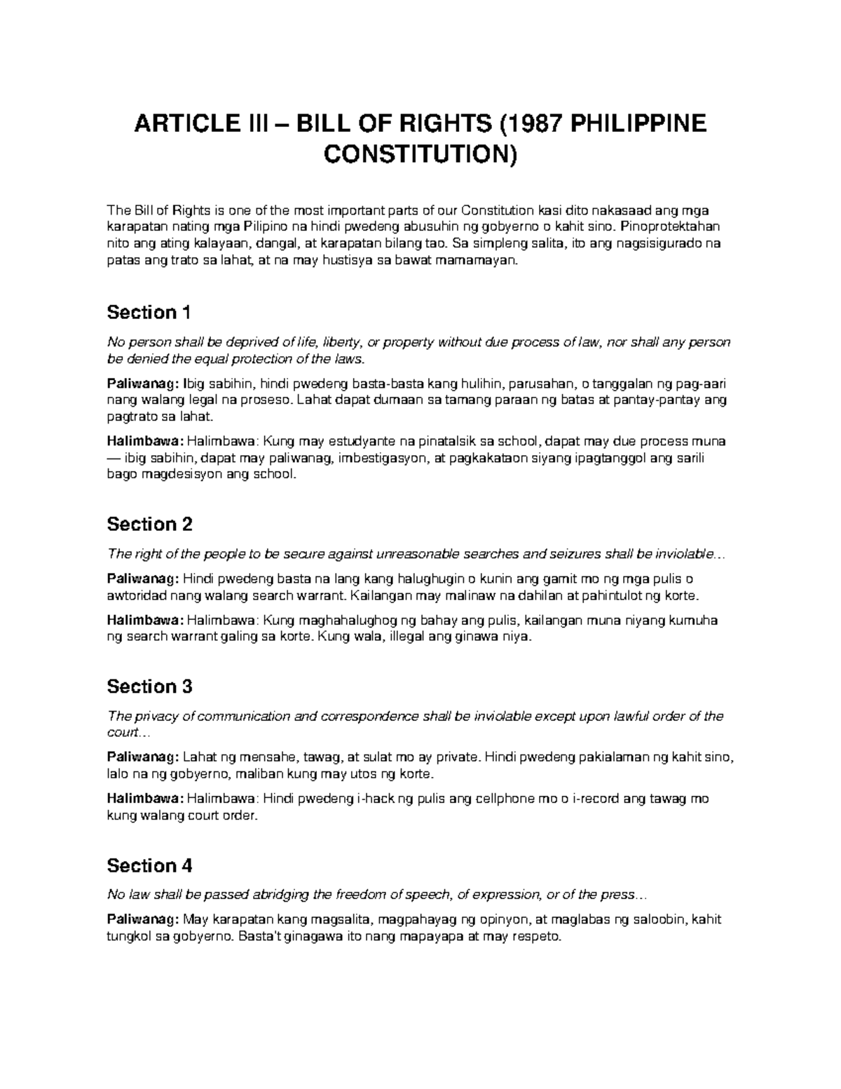 Article III Bill of Rights (1987 Philippine Constitution) - Taglish ...