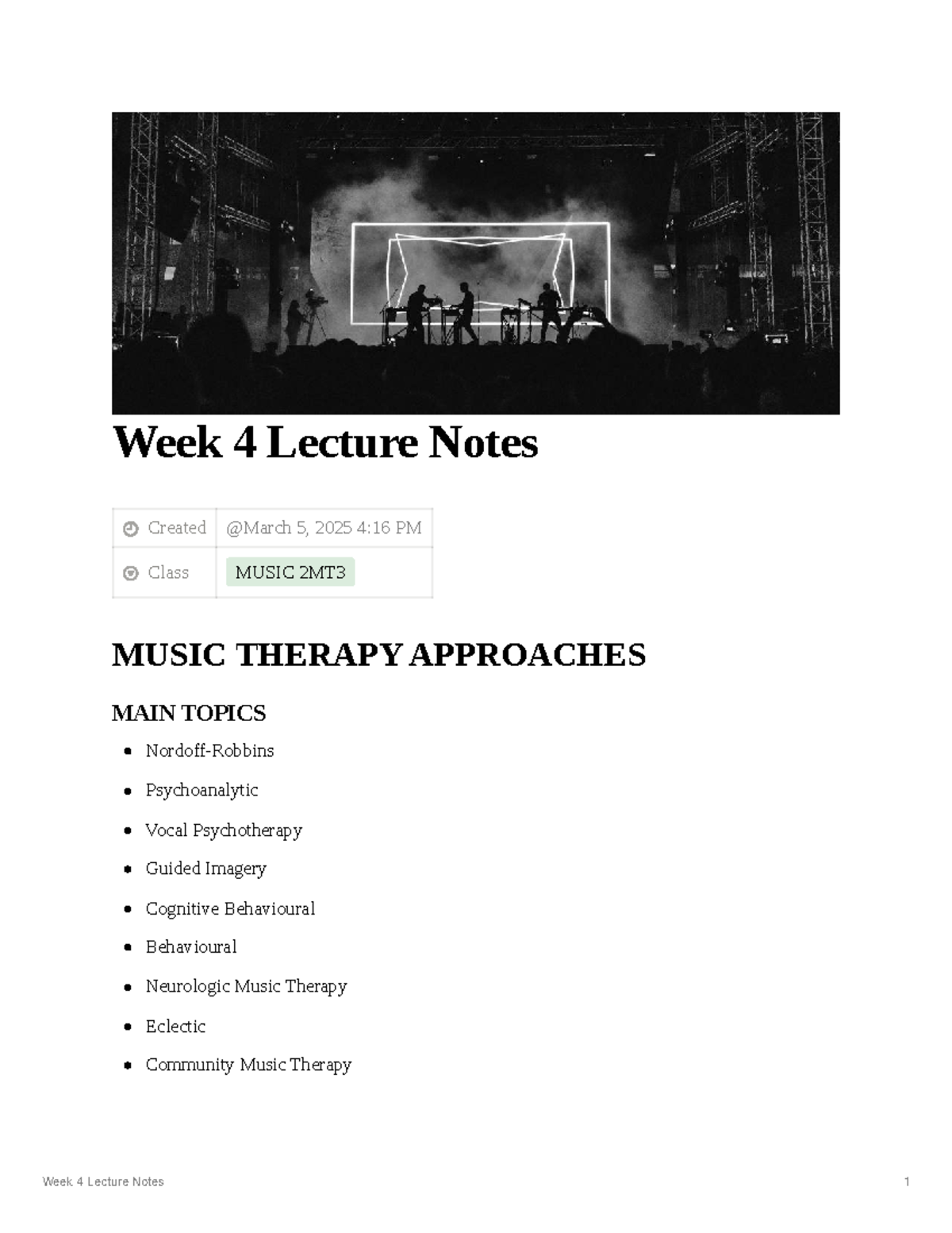 MUSIC 2MT3 Week 4 Lecture Notes on Music Therapy Approaches - Studocu