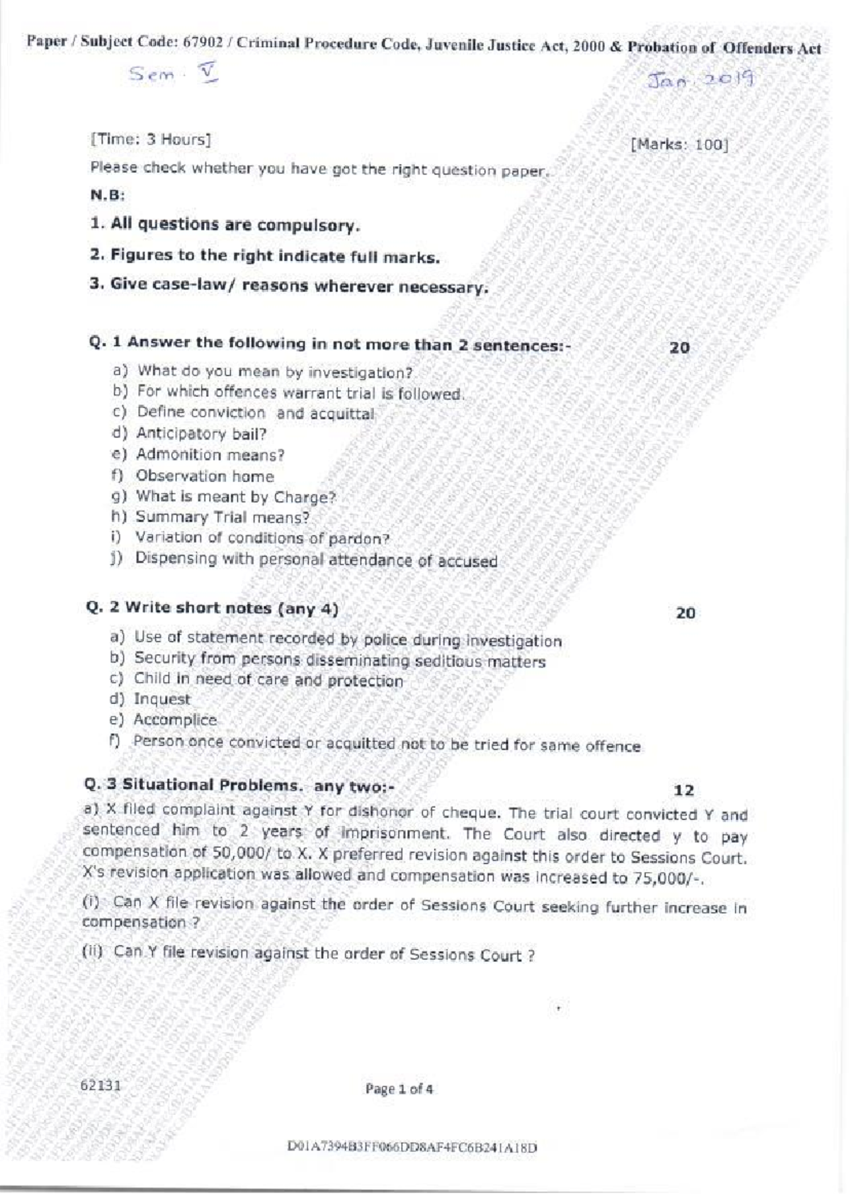 Criminal Procedure Code & Juvenile Justice Act - Sem V Exam Paper 67902 ...