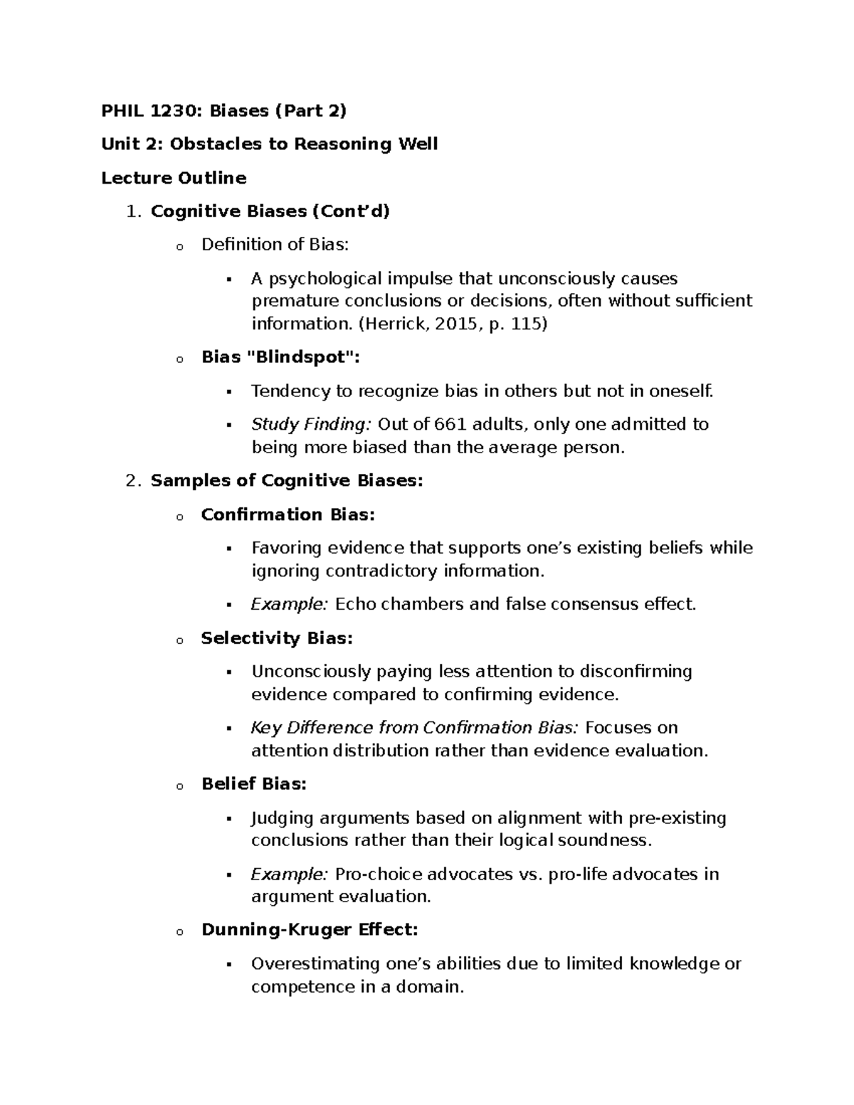Bias lecture notes - PHIL 1230: Biases (Part 2) Unit 2: Obstacles to ...