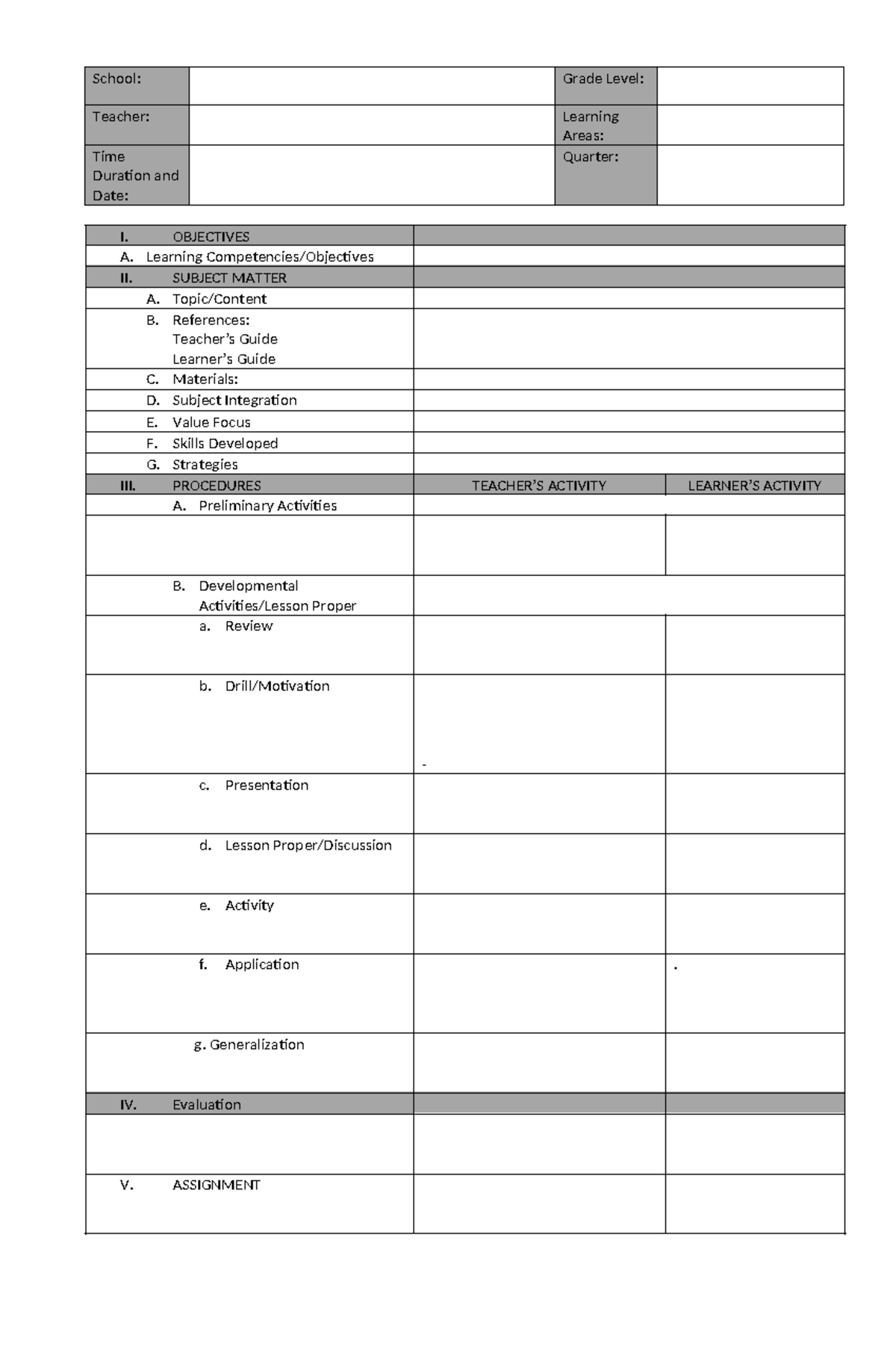 Sample LP Blank - ADOLESCENT - I. OBJECTIVES A. Learning Competencies ...