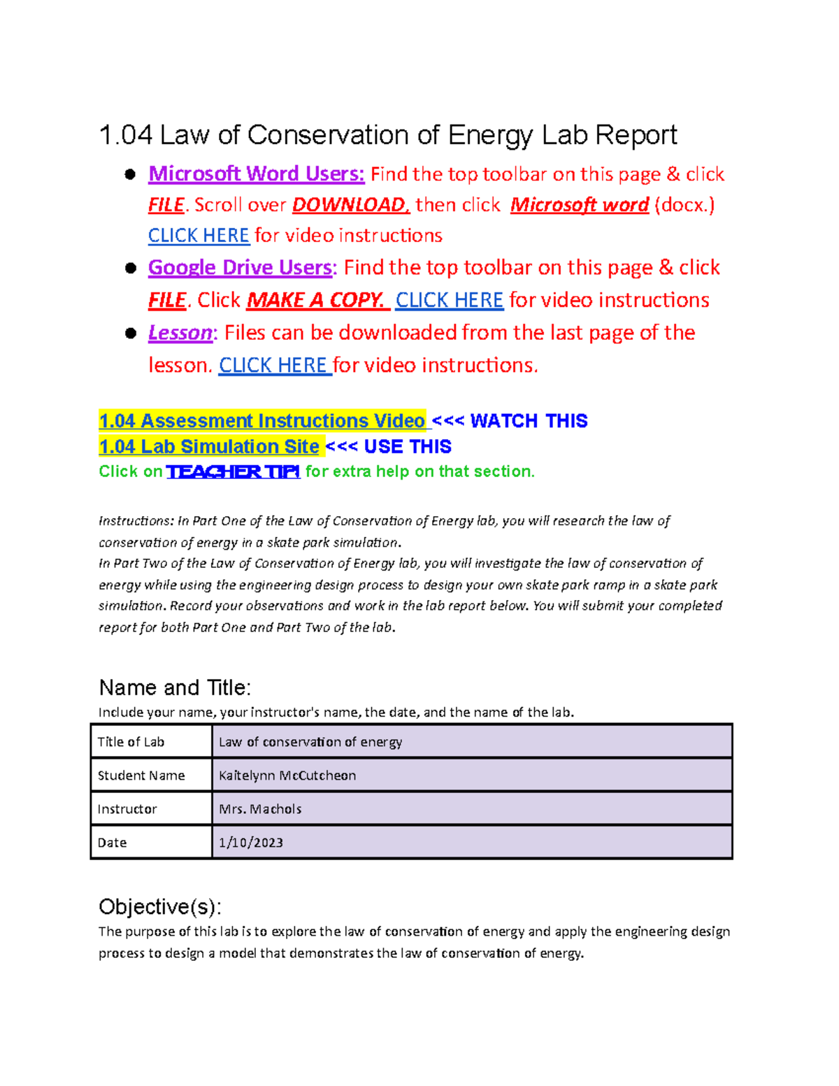 Copy of 1.04 Law of Conservation of Energy Lab Report 1 Law of Conservation of Energy Lab