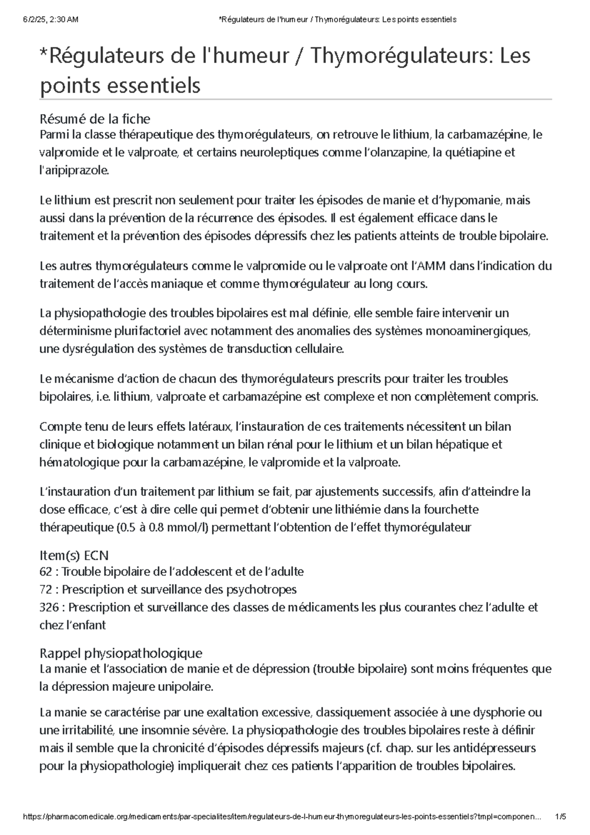 R gulateurs De L Humeur ECN 62 72 Points Essentiels Sur 