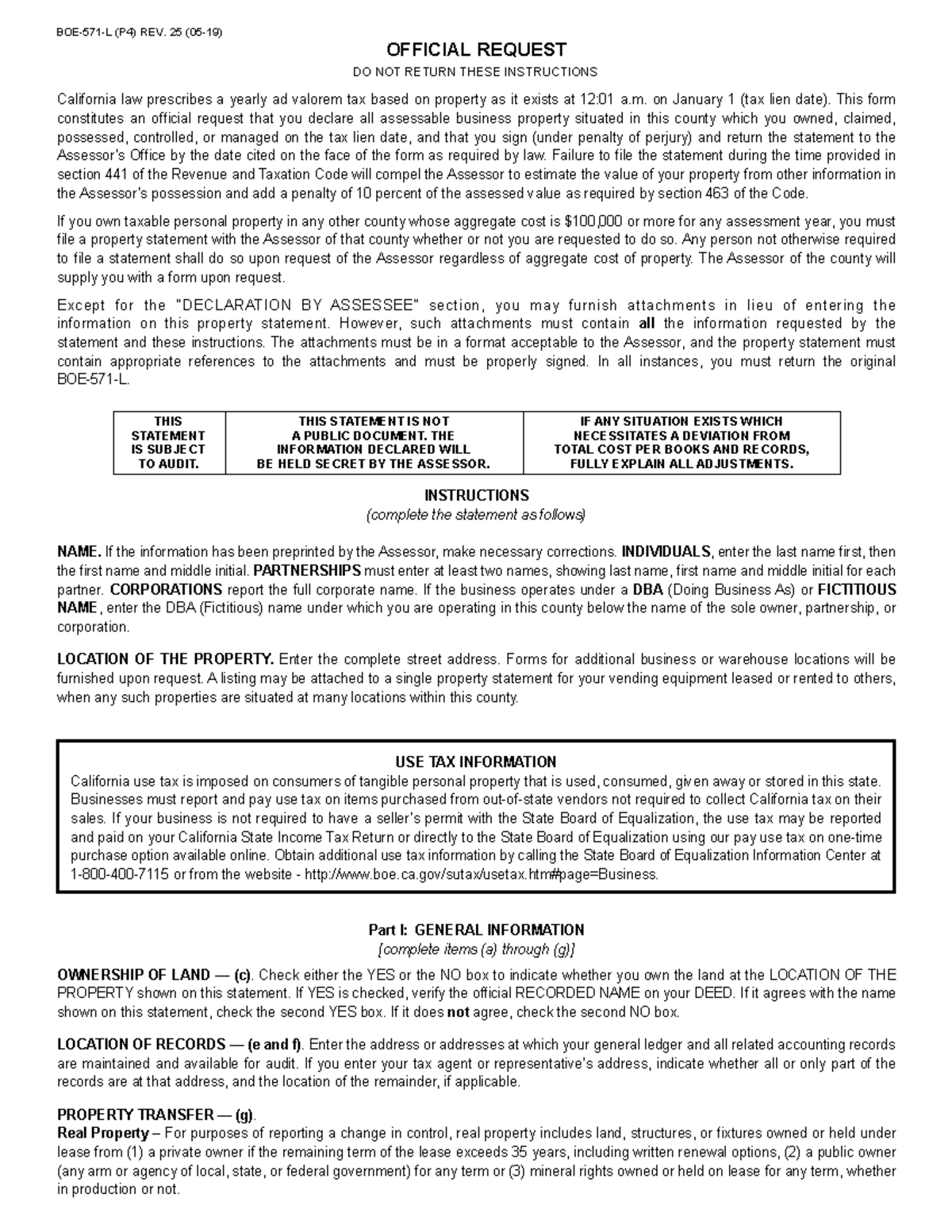 571-L Property Statement Instructions for California Assessors - Studocu
