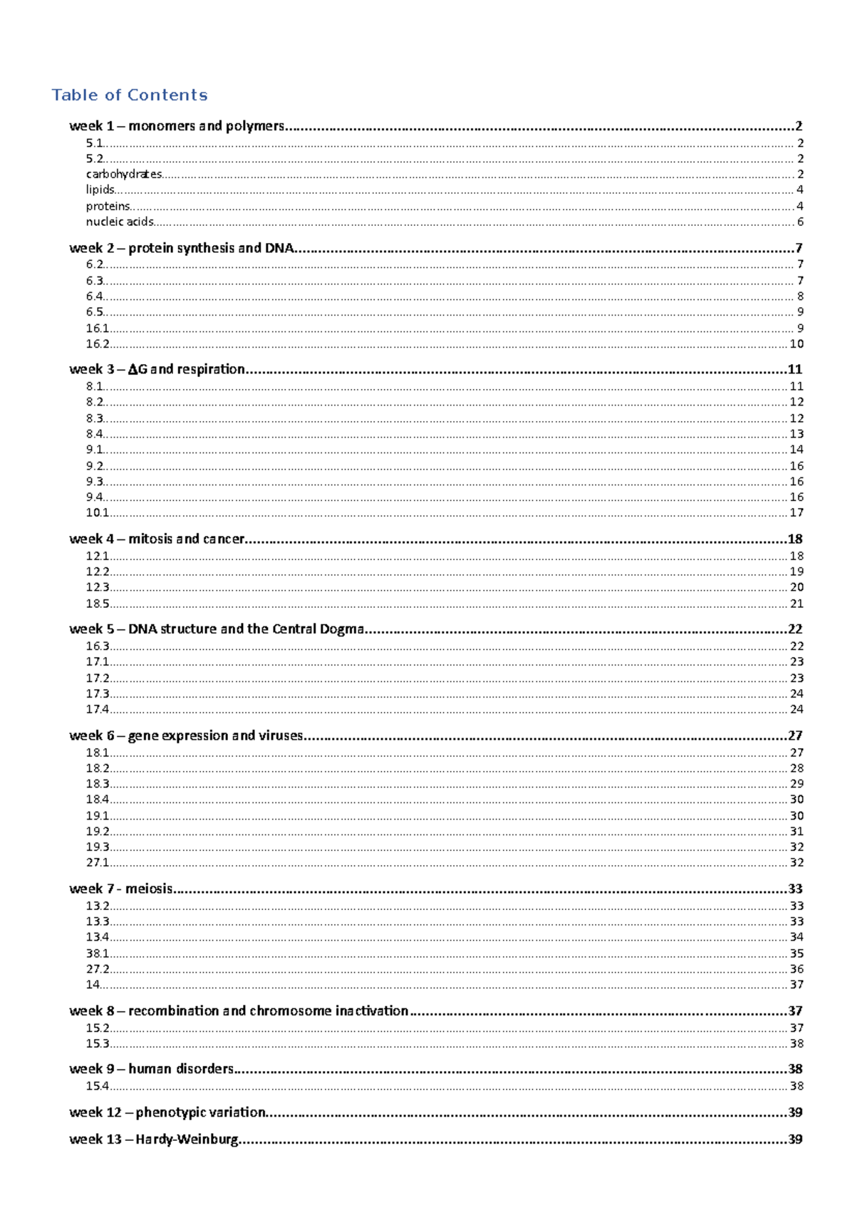 BIOL1020 lecture notes and textbook readings - Table of Contents week 1 ...