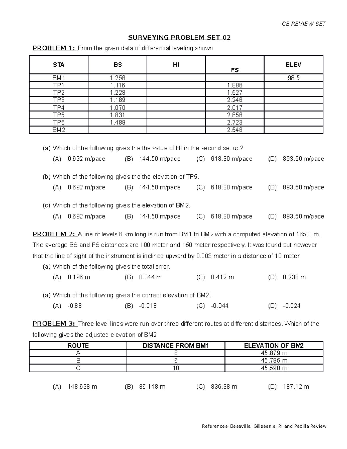 CE 101: Surveying Problem Set 02 - Differential Leveling Exercises ...