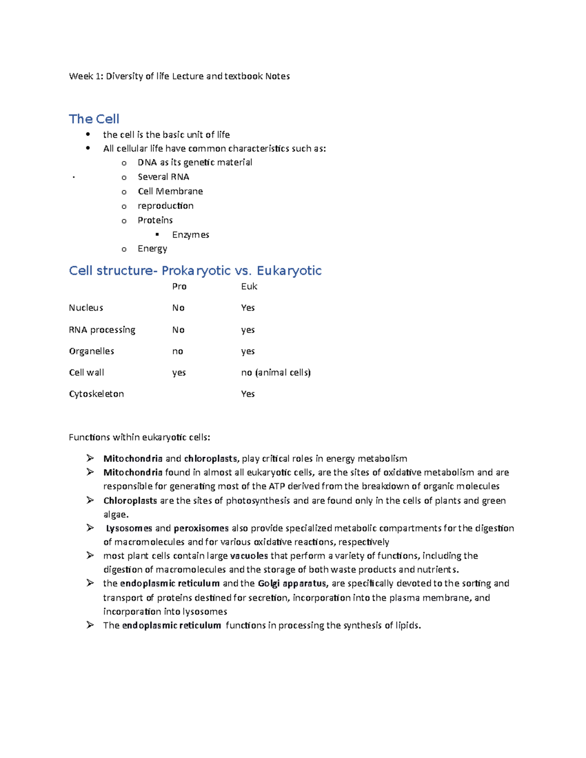 Week 1: Lecture Notes on Diversity of Life and Cell Structures - Studocu