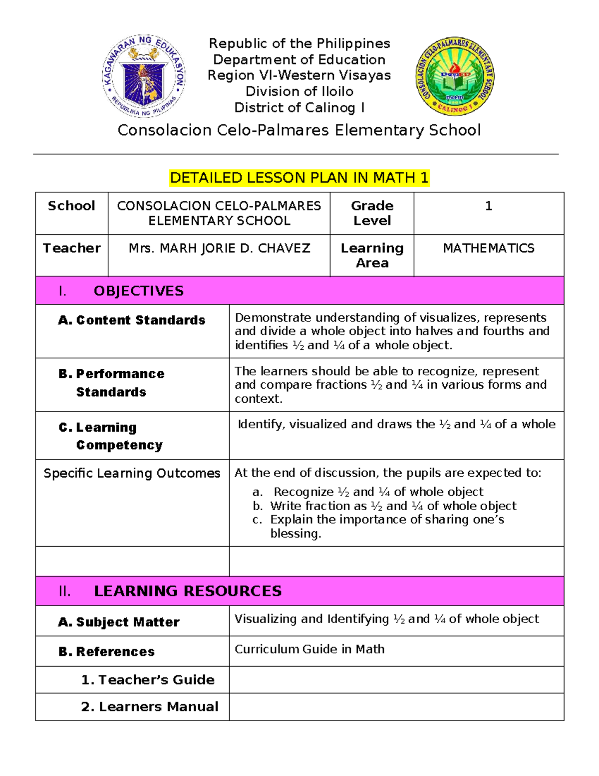 Detailed Lesson Plan in Math 1: Understanding Fractions (½ & ¼) - Studocu