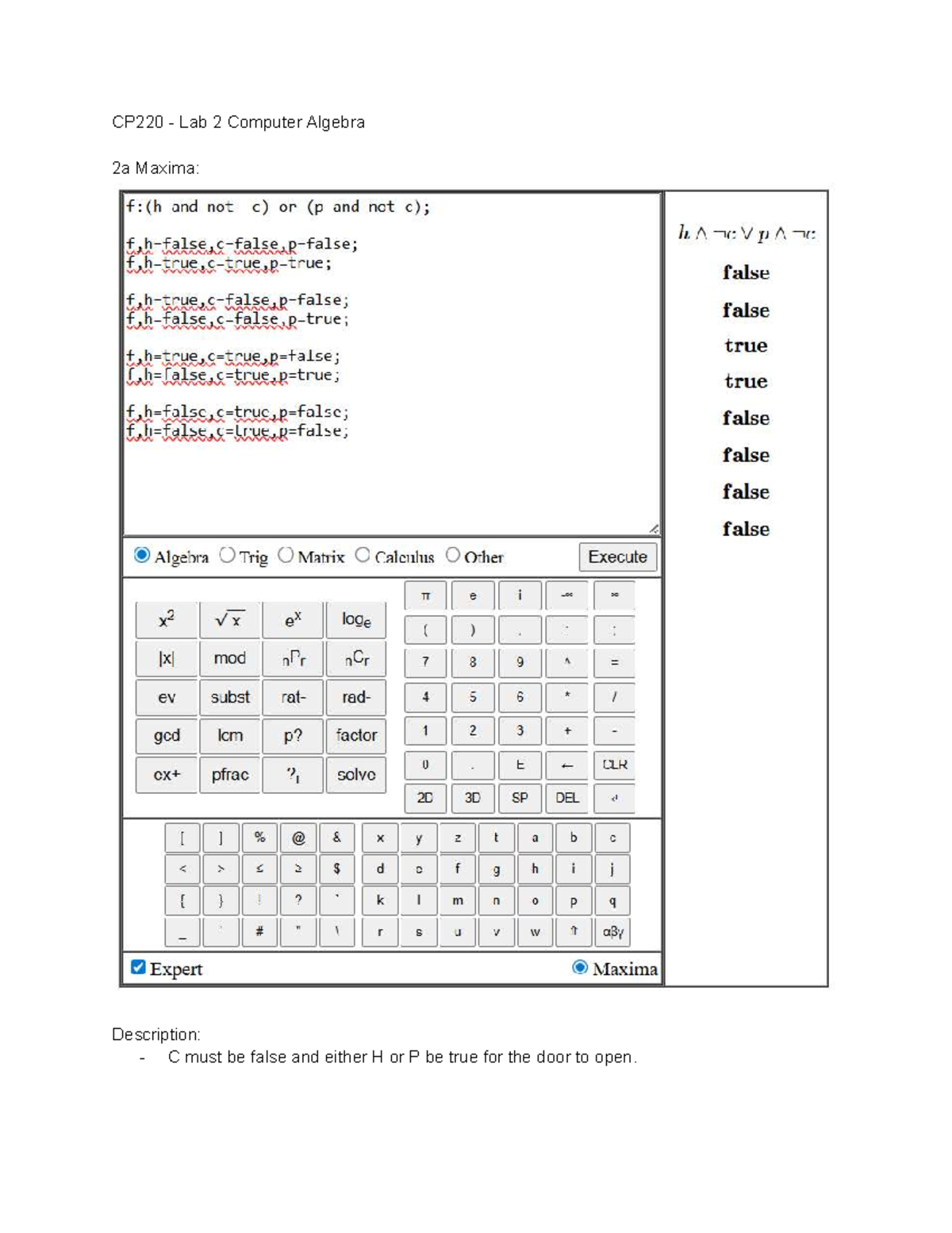 CP220 Lab 2 Computer Algebra: Door Operation Logic Explained - Studocu