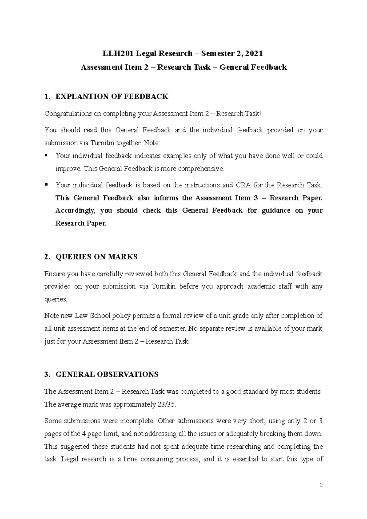 LLH201 Legal Research - Assessment 2 General Feedback Summary - Sem 2 ...