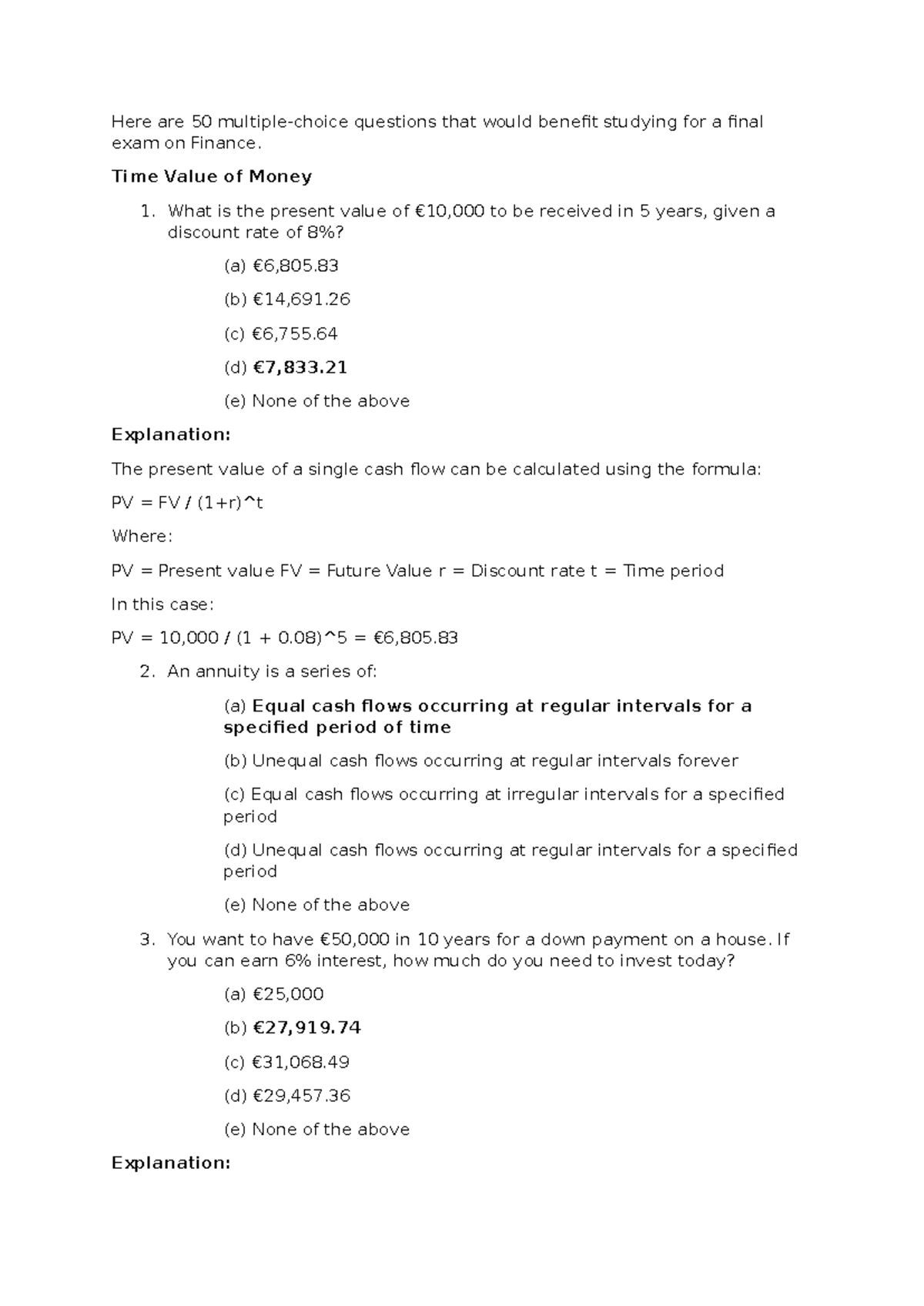 Finance MCQ Questions for Final Exam Preparation - Studocu