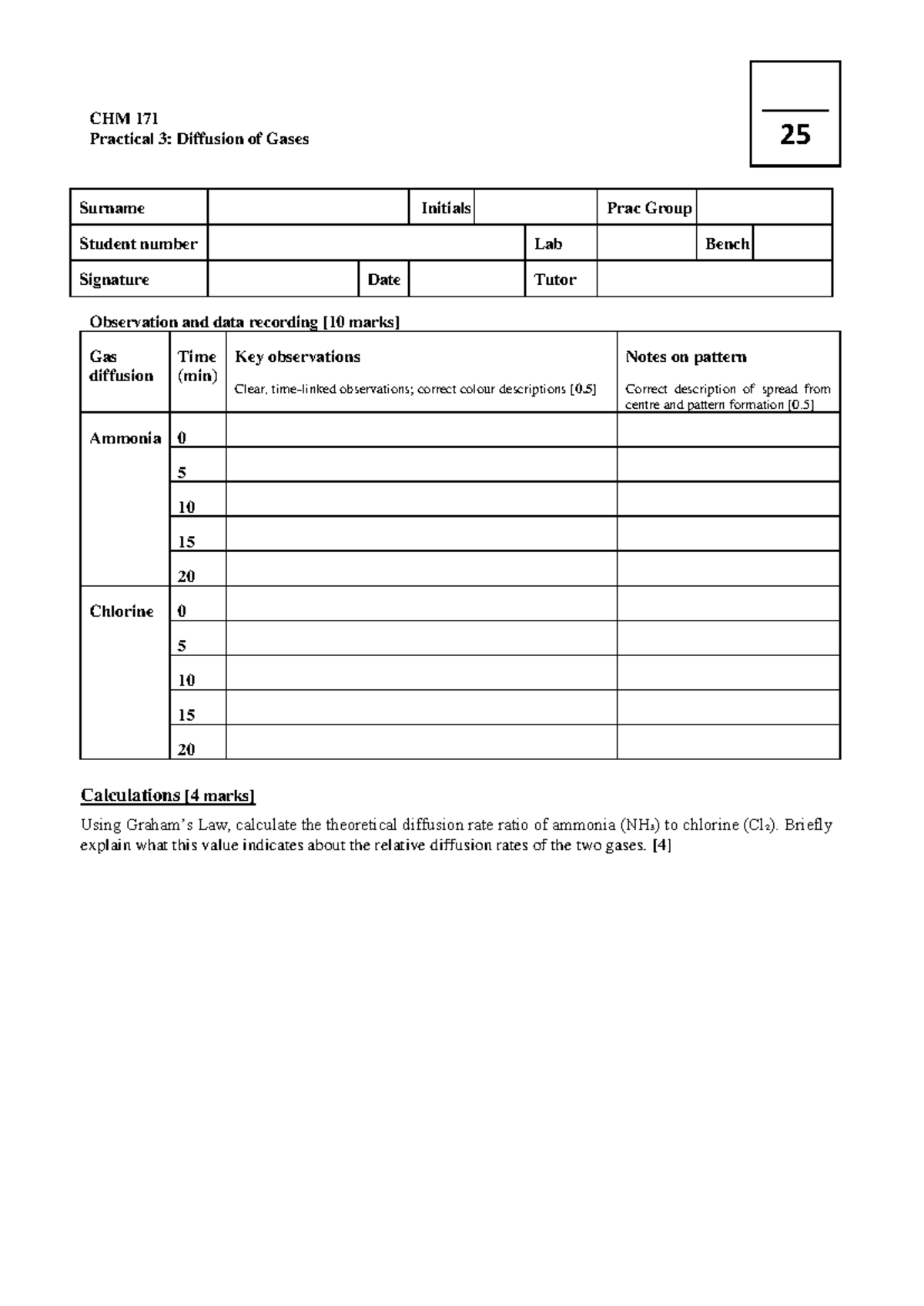 CHM 171 Practical 3 Report: Gas Diffusion Analysis - Studocu