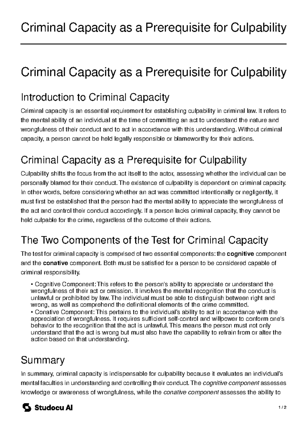 Criminal Capacity and Culpability Overview - Studocu