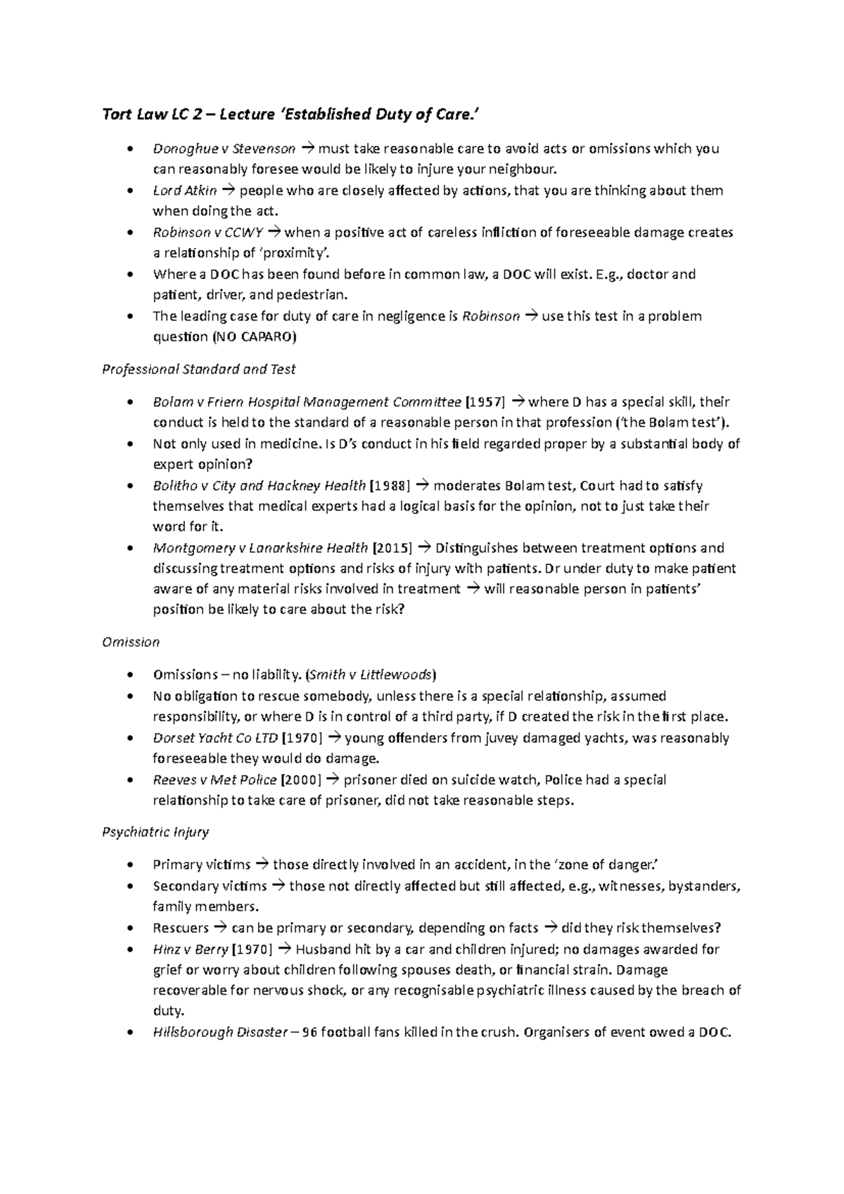 Tort Law LC 2 - Lecture & Seminar Notes on Duty of Care and Omissions ...
