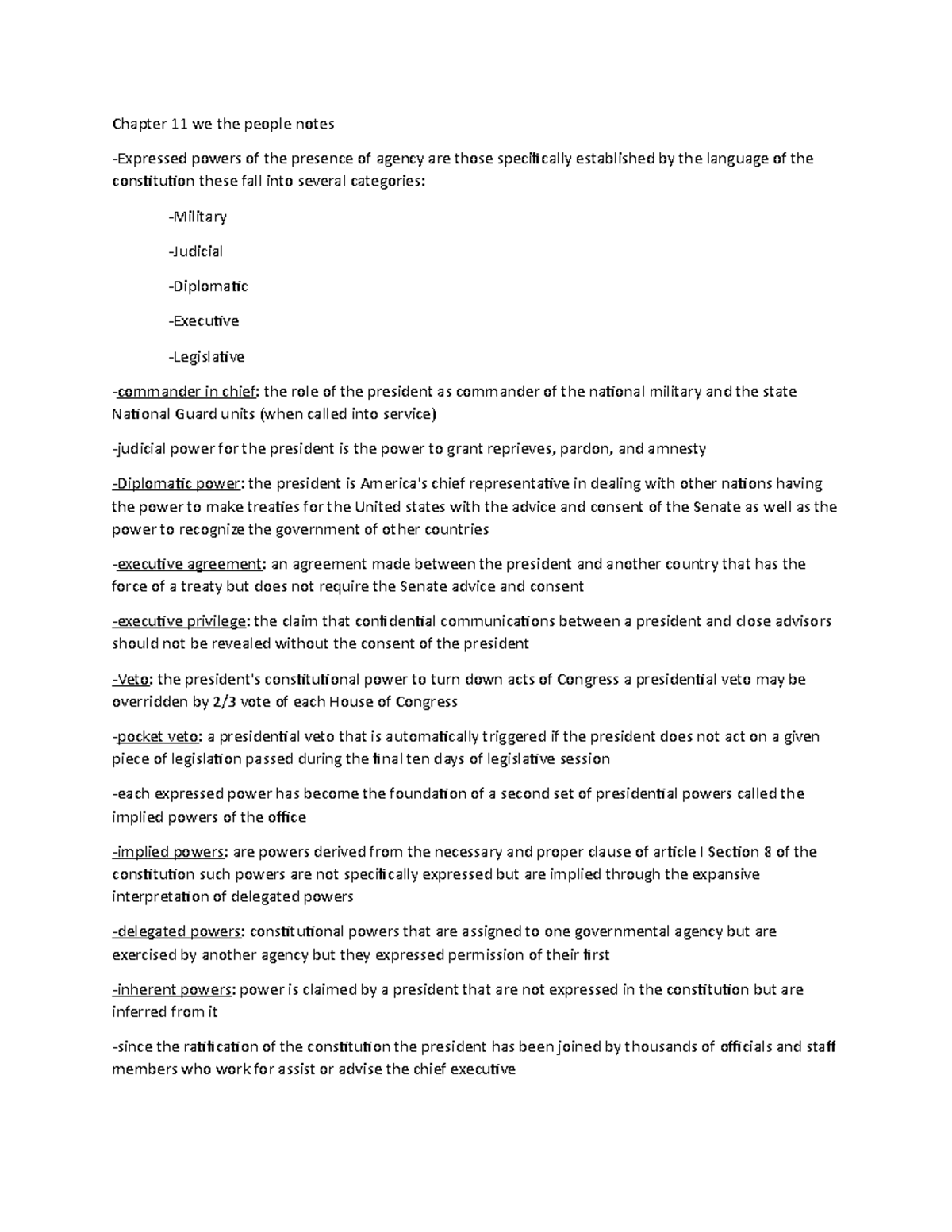 Chapter 11 Notes on Presidential Powers: We the People - Studocu