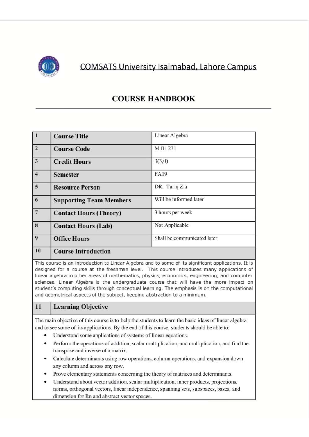 MTH 231 - Linear Algebra Course Handbook FA19 - Studocu