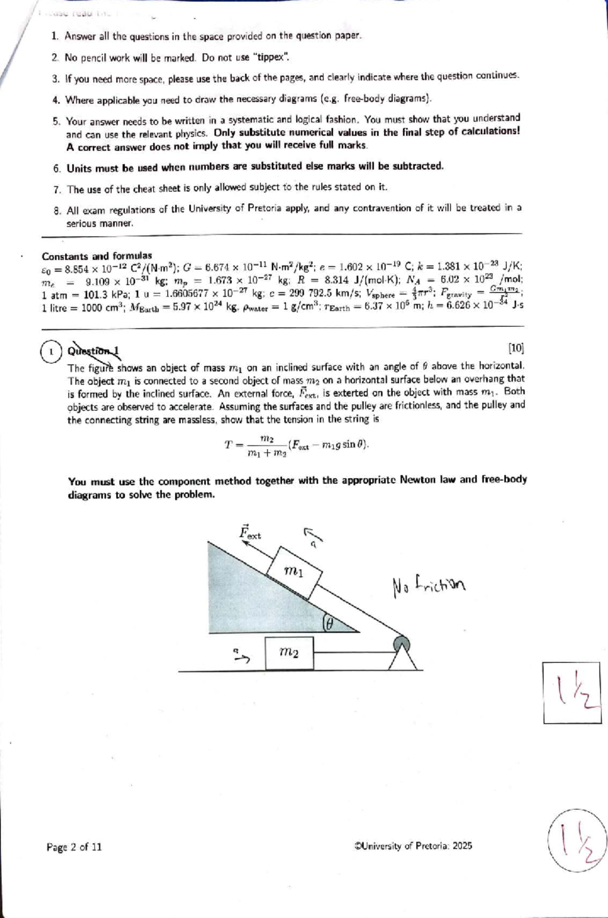 Semester Test 2 2025: Physics Exam Guidelines and Problem Solving - Studocu