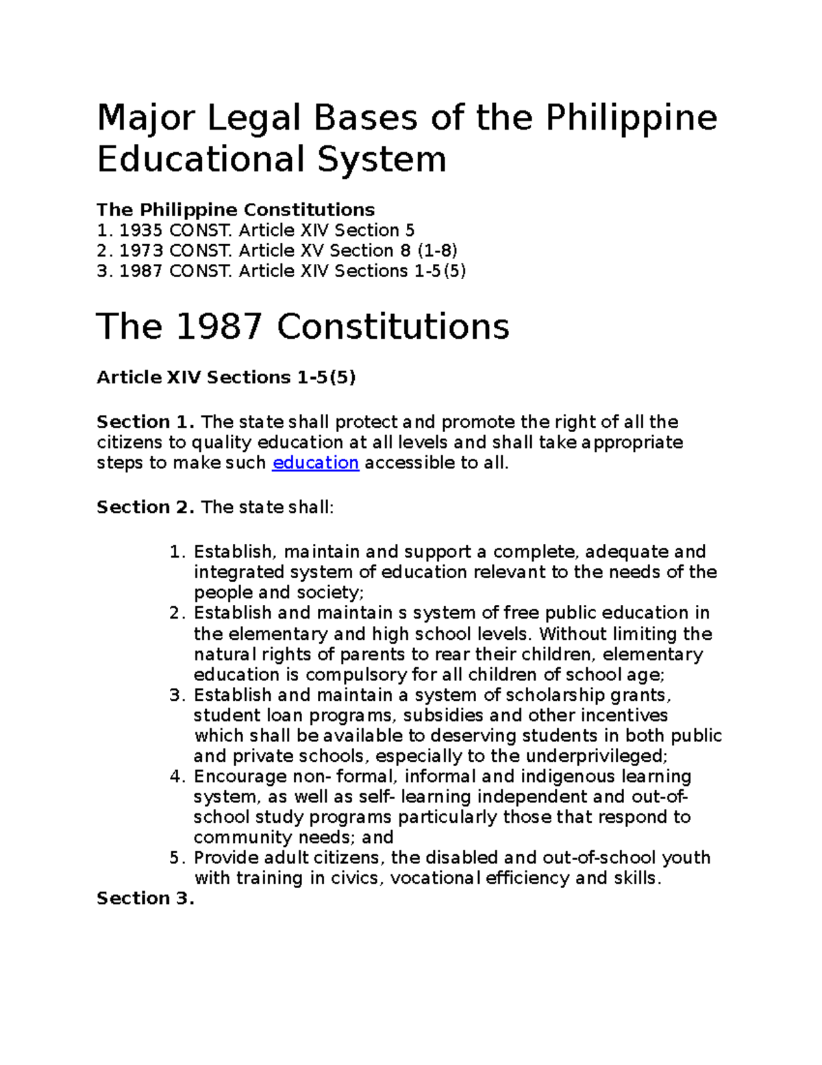 Major Legal Bases of the Educational System in the Philippines - Studocu