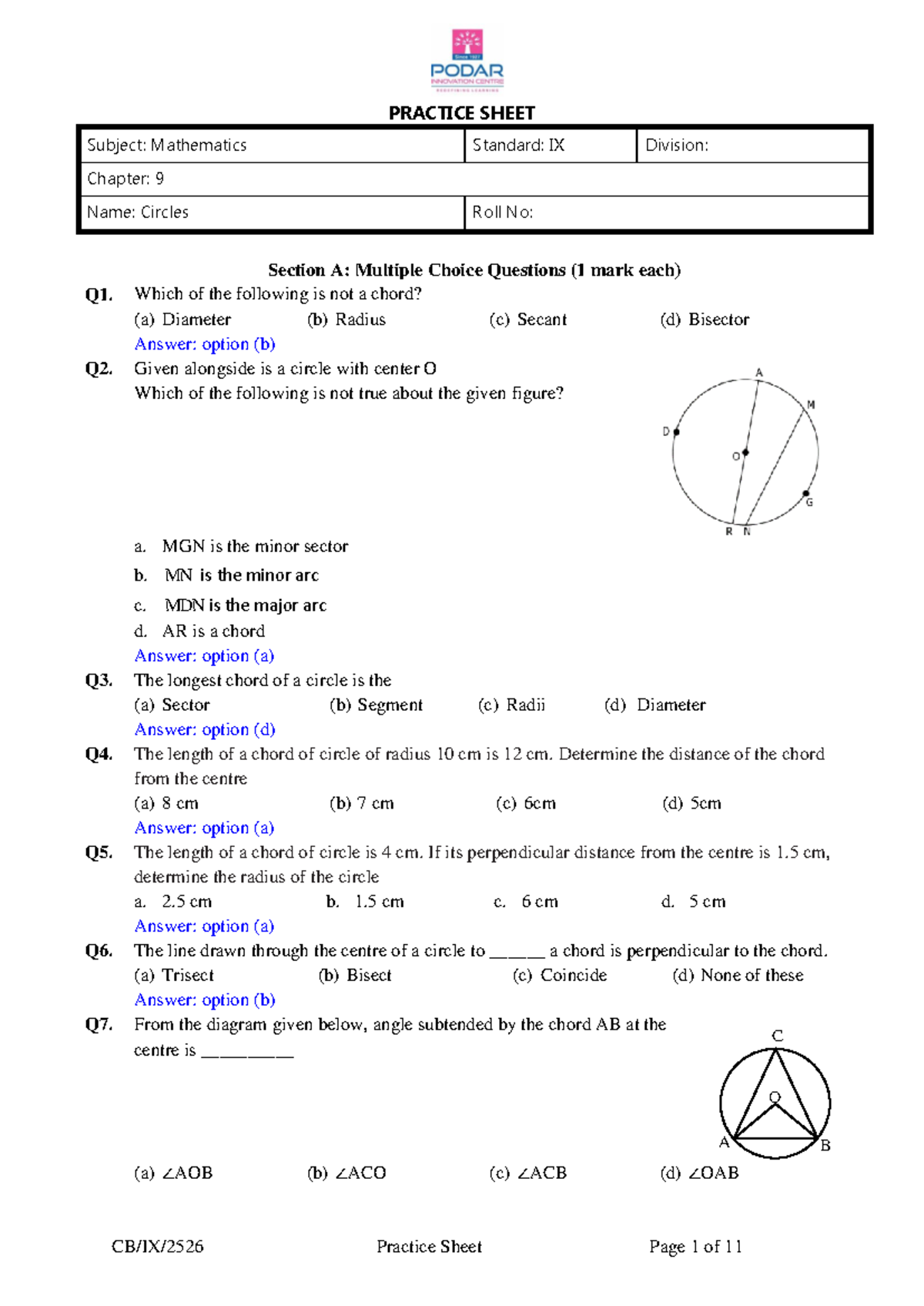 Mathematics Standard IX Practice Sheet: Chapter 9 - Circles - Studocu