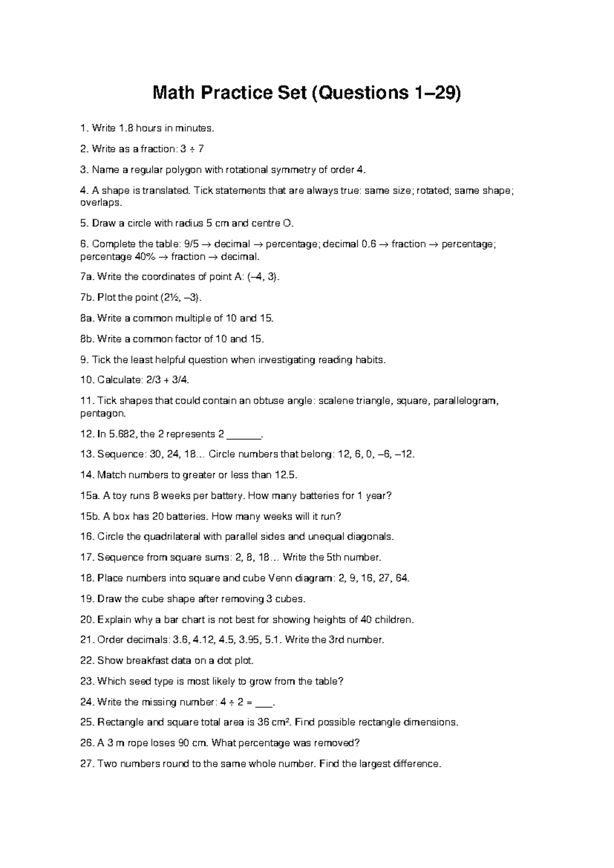 Math Practice Set - Comprehensive Math Test Questions - Studocu