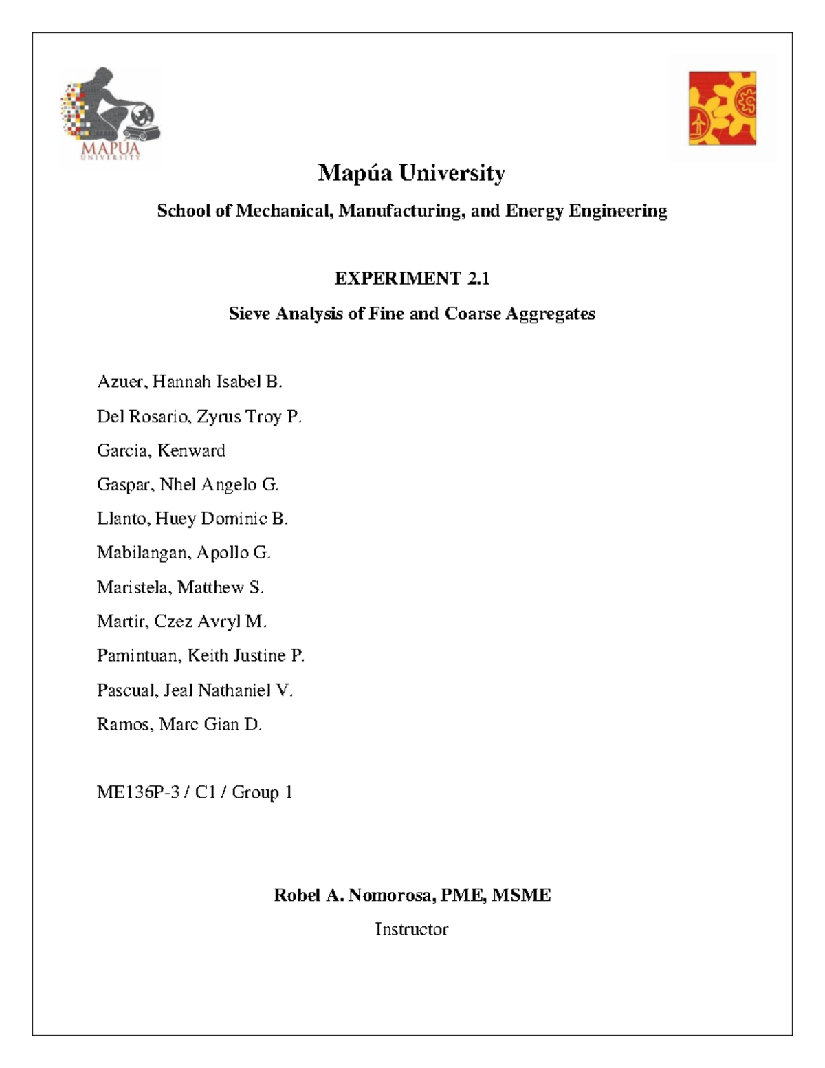 SIEVE ANALYSIS OF FINE & COARSE AGGREGATES - EXP 2.1 - C1 Group 1 - Studocu