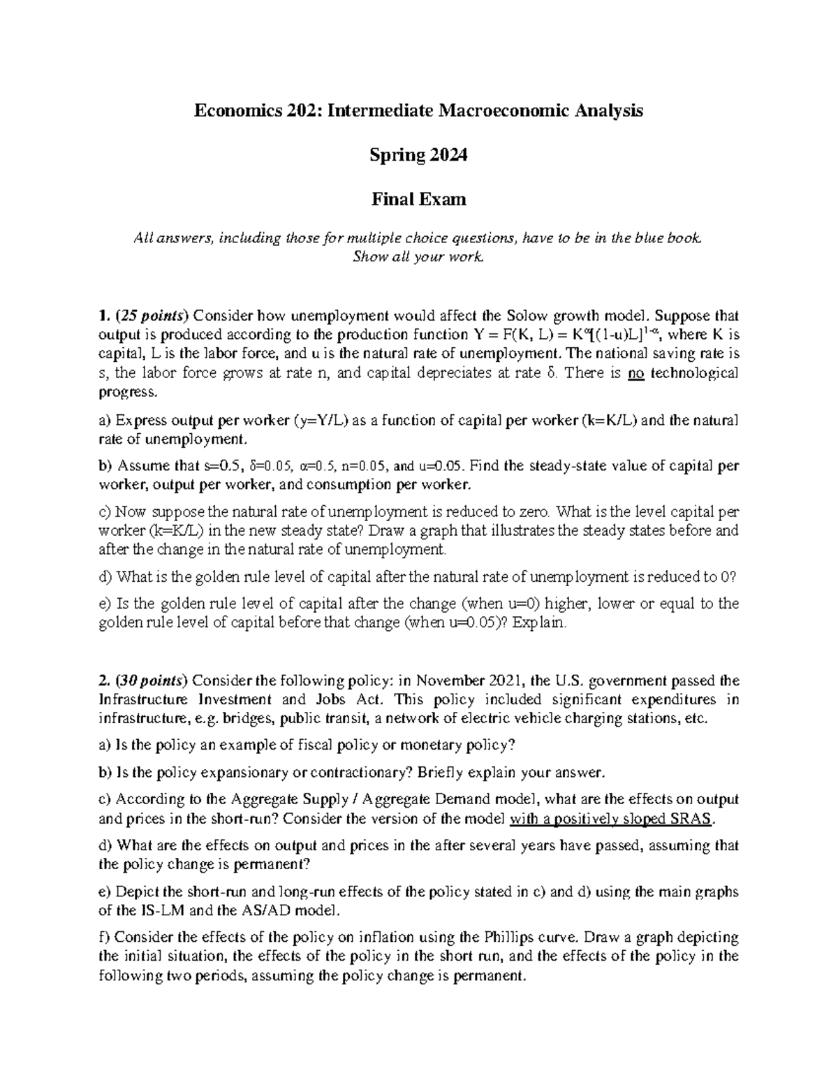 Final Exam Practice for Econ 202: Intermediate Macroeconomics (Spring ...