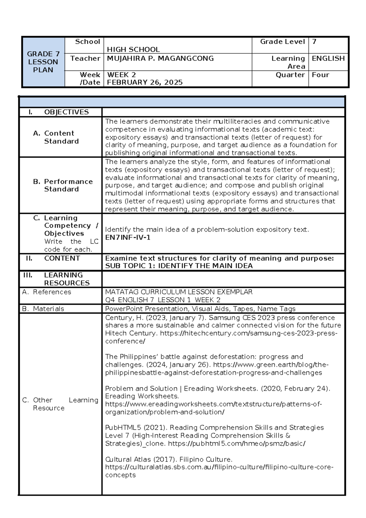 COT ENGLISH 7 Lesson Plan for Quarter 4 - Week 2 - Studocu
