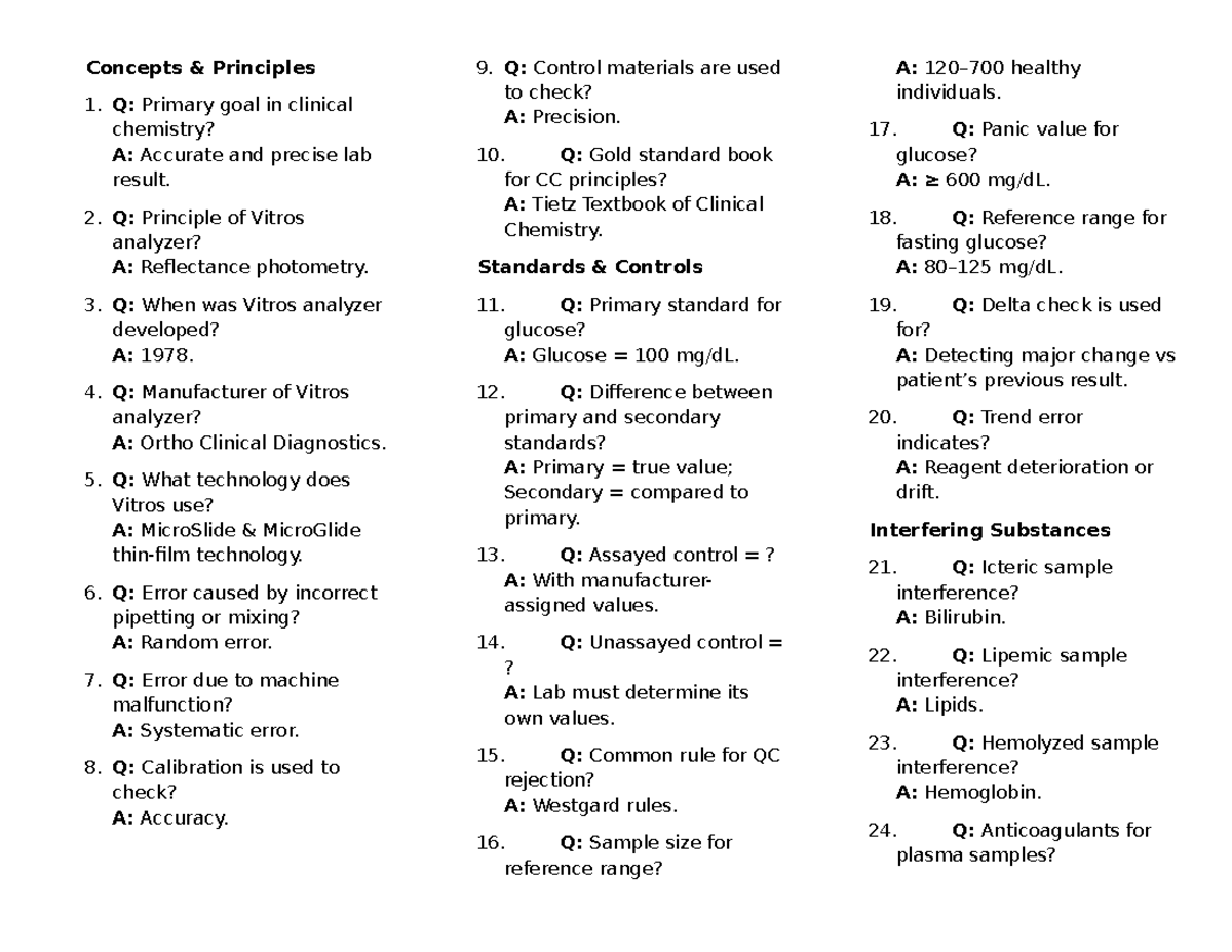 CC 1 FCS - Clinical Chemistry Concepts and Principles Study Guide - Studocu