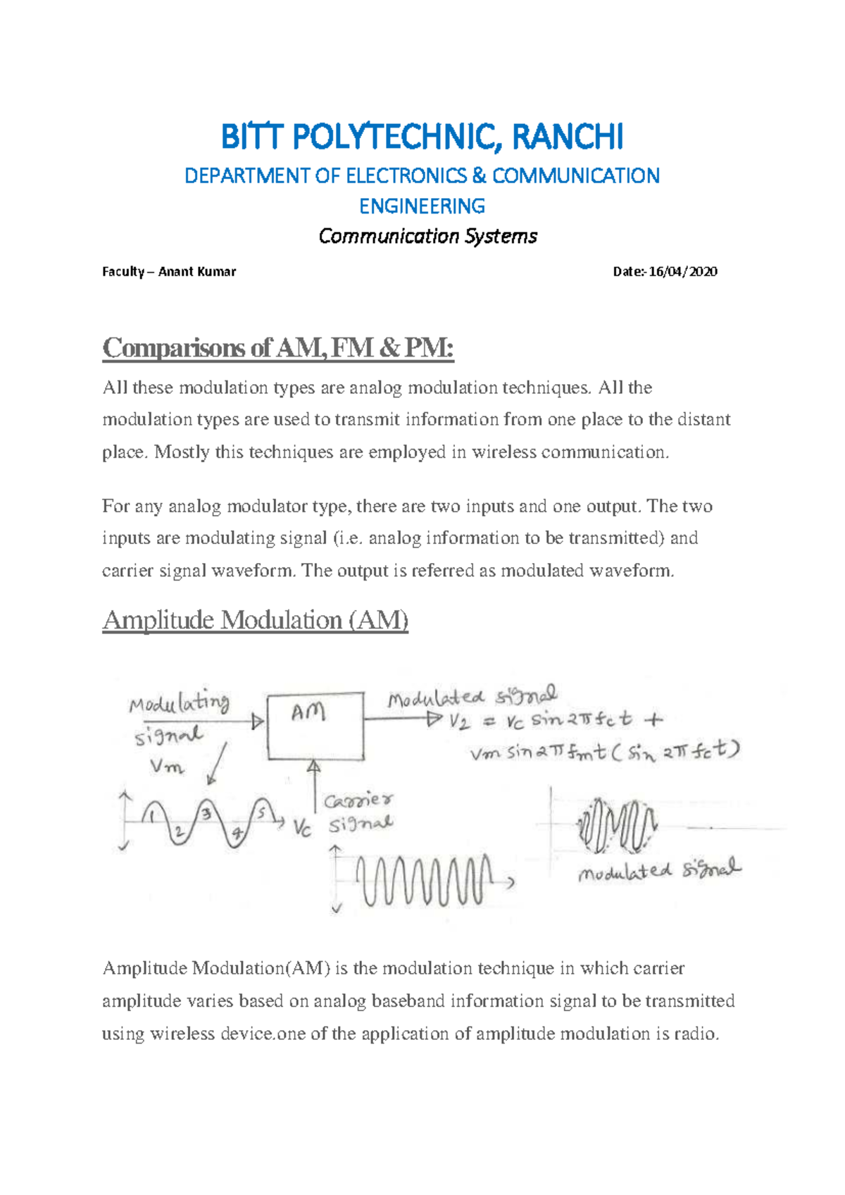 Comparison of AM, FM & PM Modulation Techniques - ECE Notes - Studocu