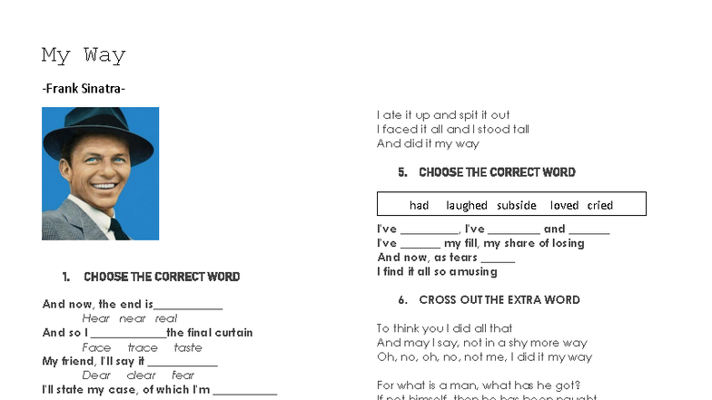 MY WAY - SONG WORKSHEET (LYRICS ANALYSIS) - Studocu