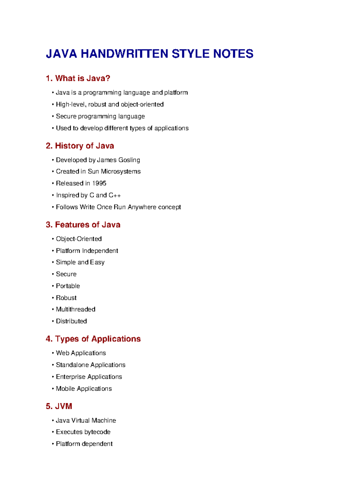 JAVA HANDWRITTEN NOTES: Overview, Features & Applications - Studocu