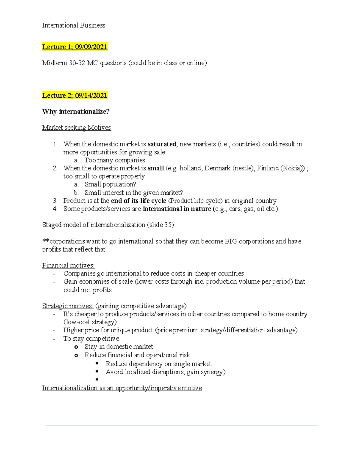 International Business Lecture Notes - IB 101 Midterm Review - Studocu