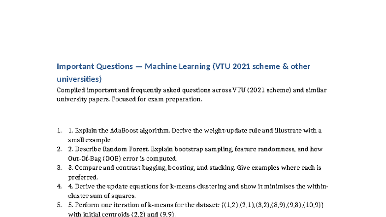 Important Questions on Machine Learning (ML) for VTU 2021 Exam - Studocu